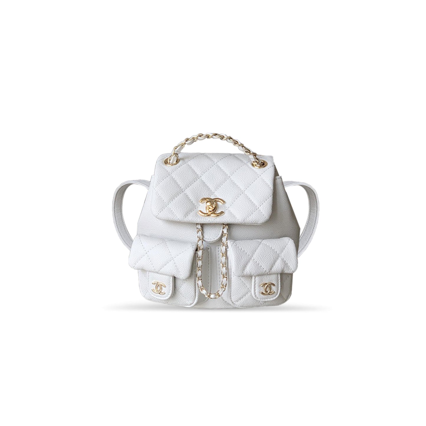 Ch**el small shiny caviar quilted duma pockets drawstring backpack white 129220 (17.5*16.5*10cm)