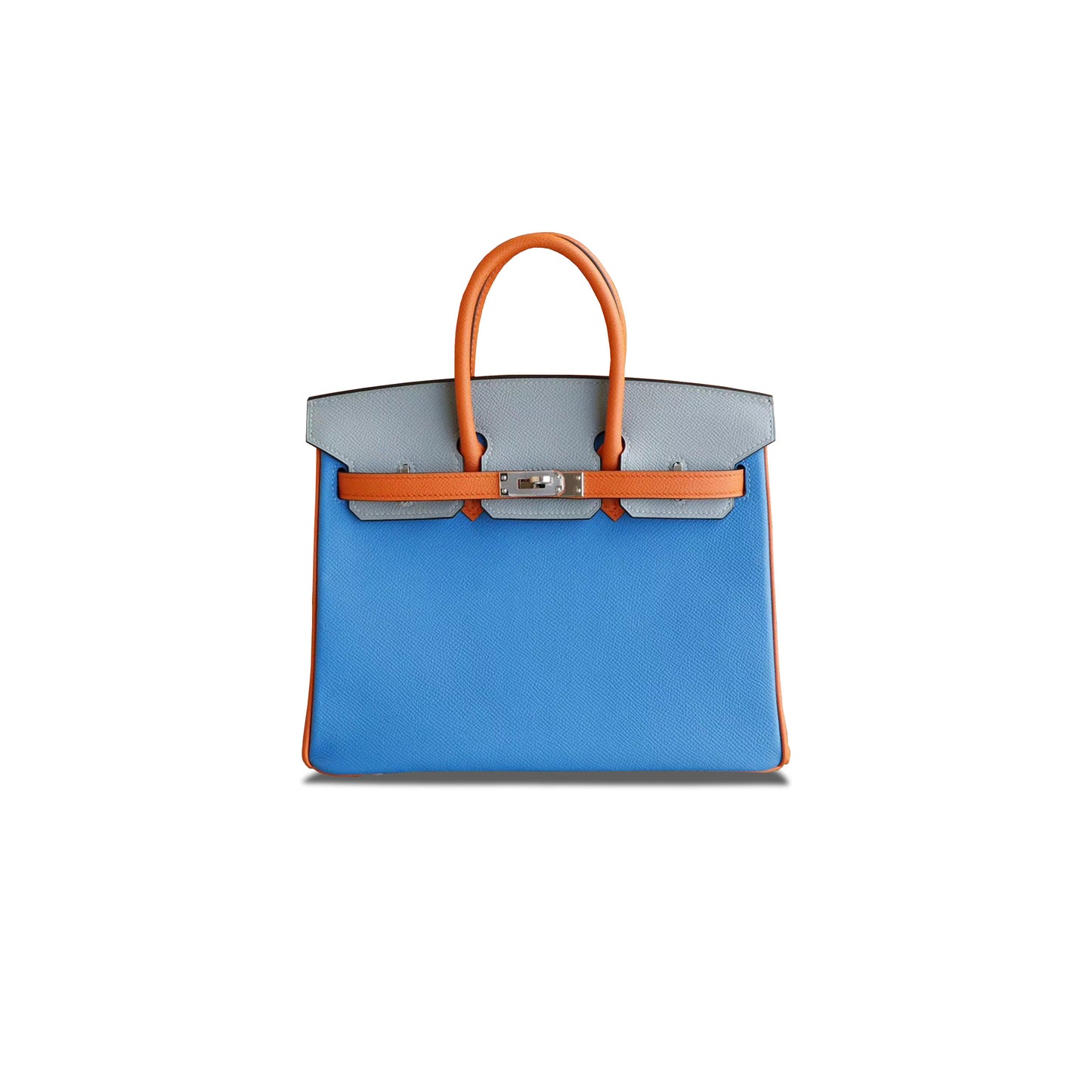 H**mes master birkin 25 epsom water blue glacier grey and orange with silver buckle bag h028362cc02 (25*18*13cm)