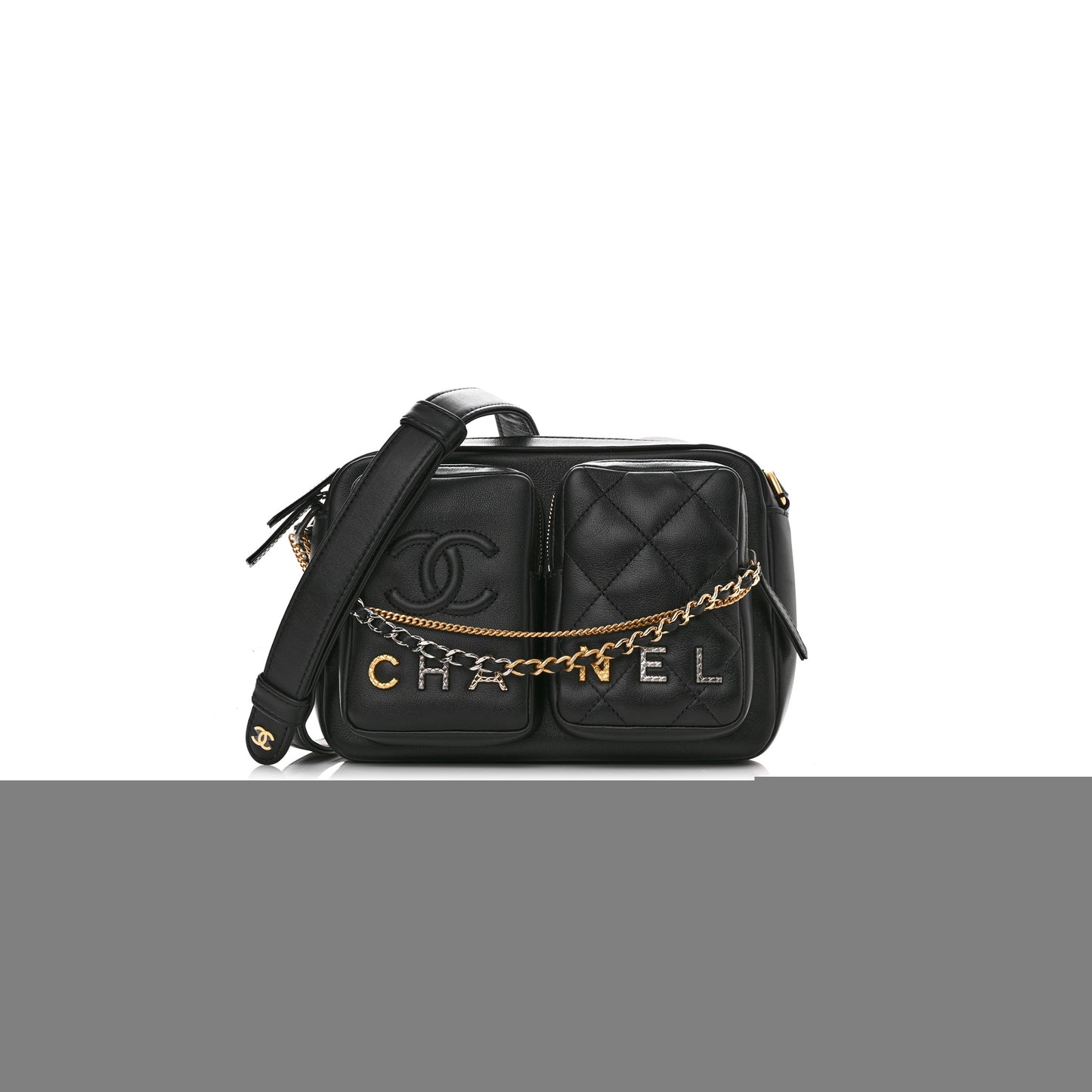 Ch*el calfskin quilted small camera case black as2923 (20.5*14.5*9cm)