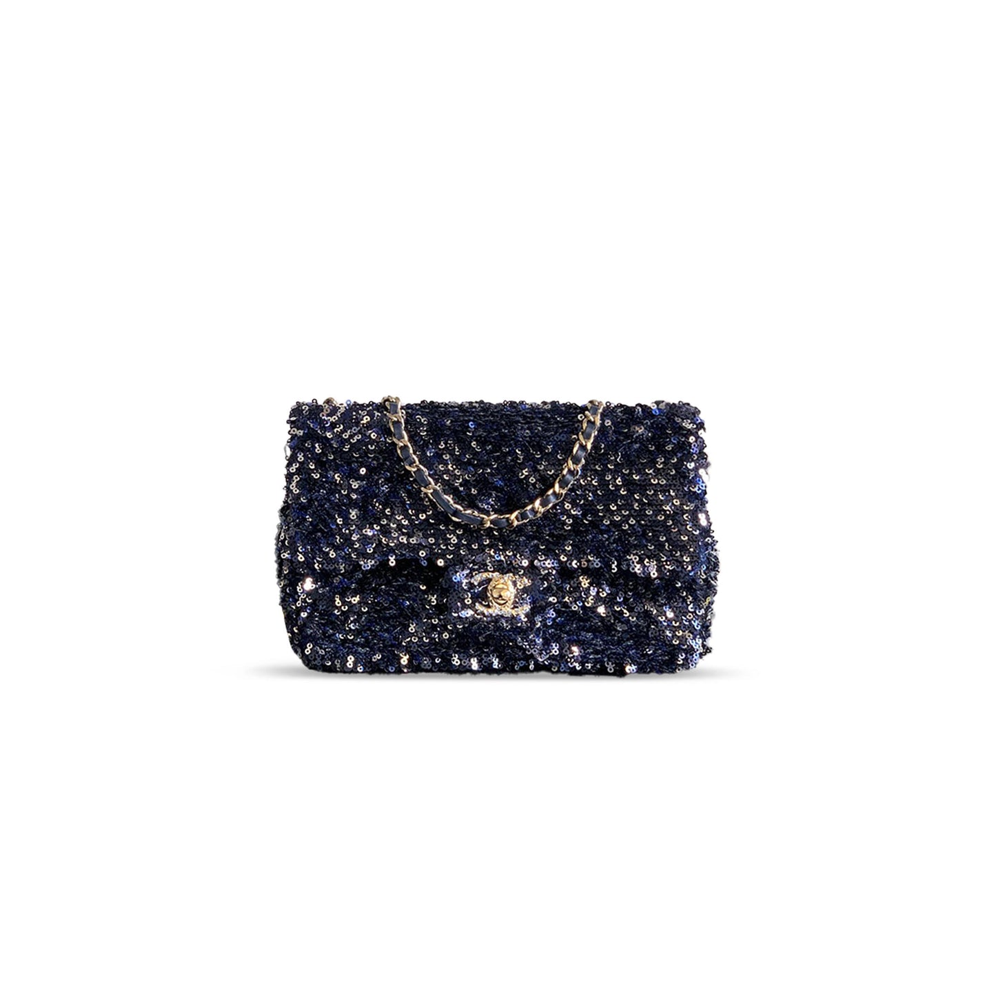 ch*el flap bag sequins & gold-tone metal G01den & night blue as4561 (21*14*8cm)