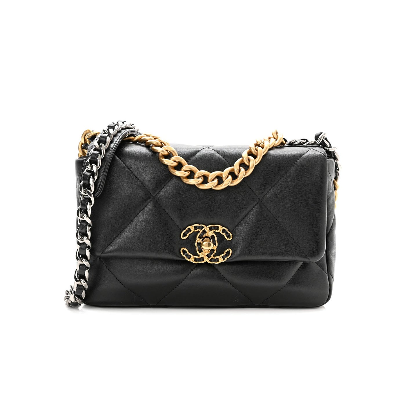 Ch*el lambskin quilted medium Ch*el 19 flap black gold hardware (25*16*7cm)