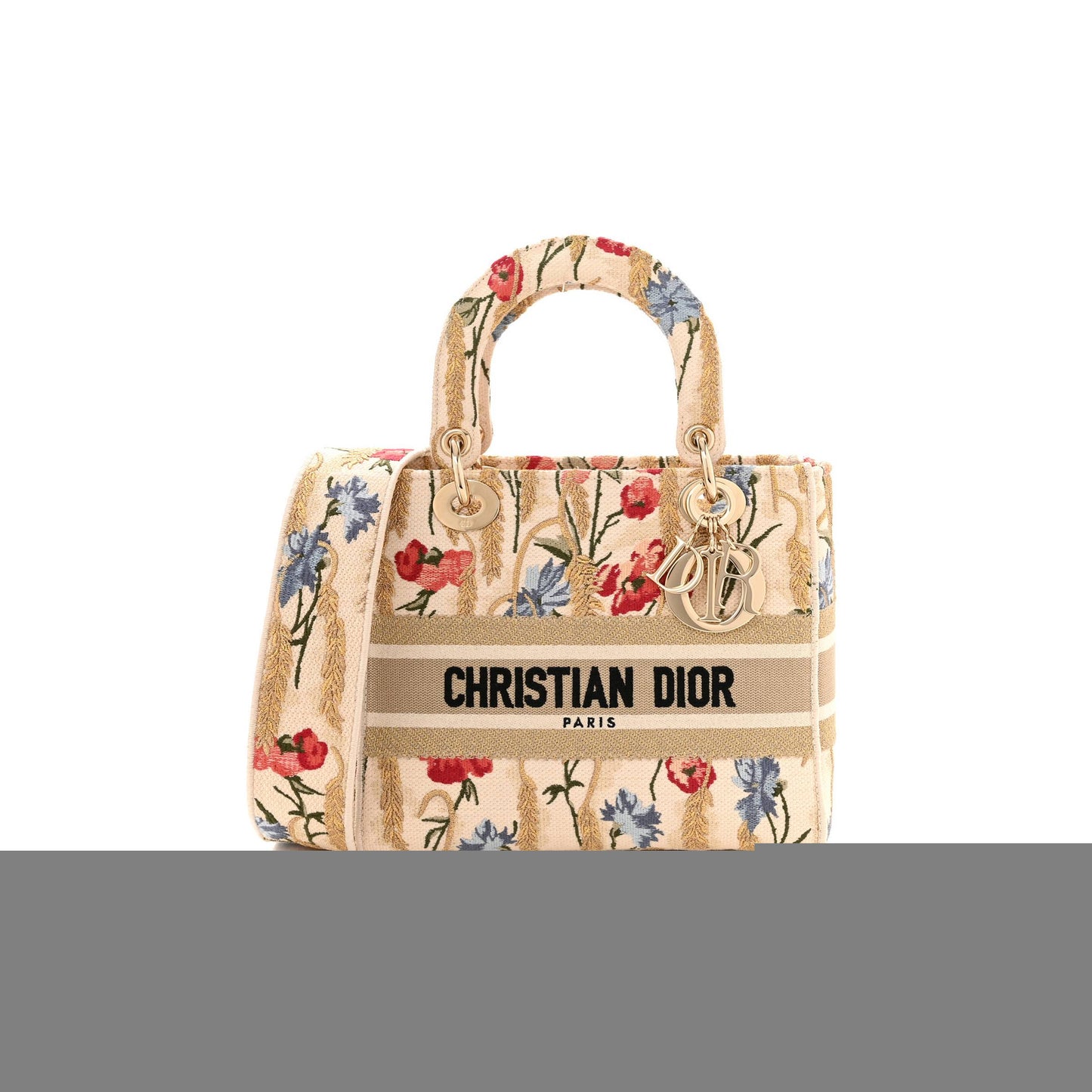 D*or canvas embroidered hibiscus printed medium lady d-lite beige multicolor (23*20*11.4cm)