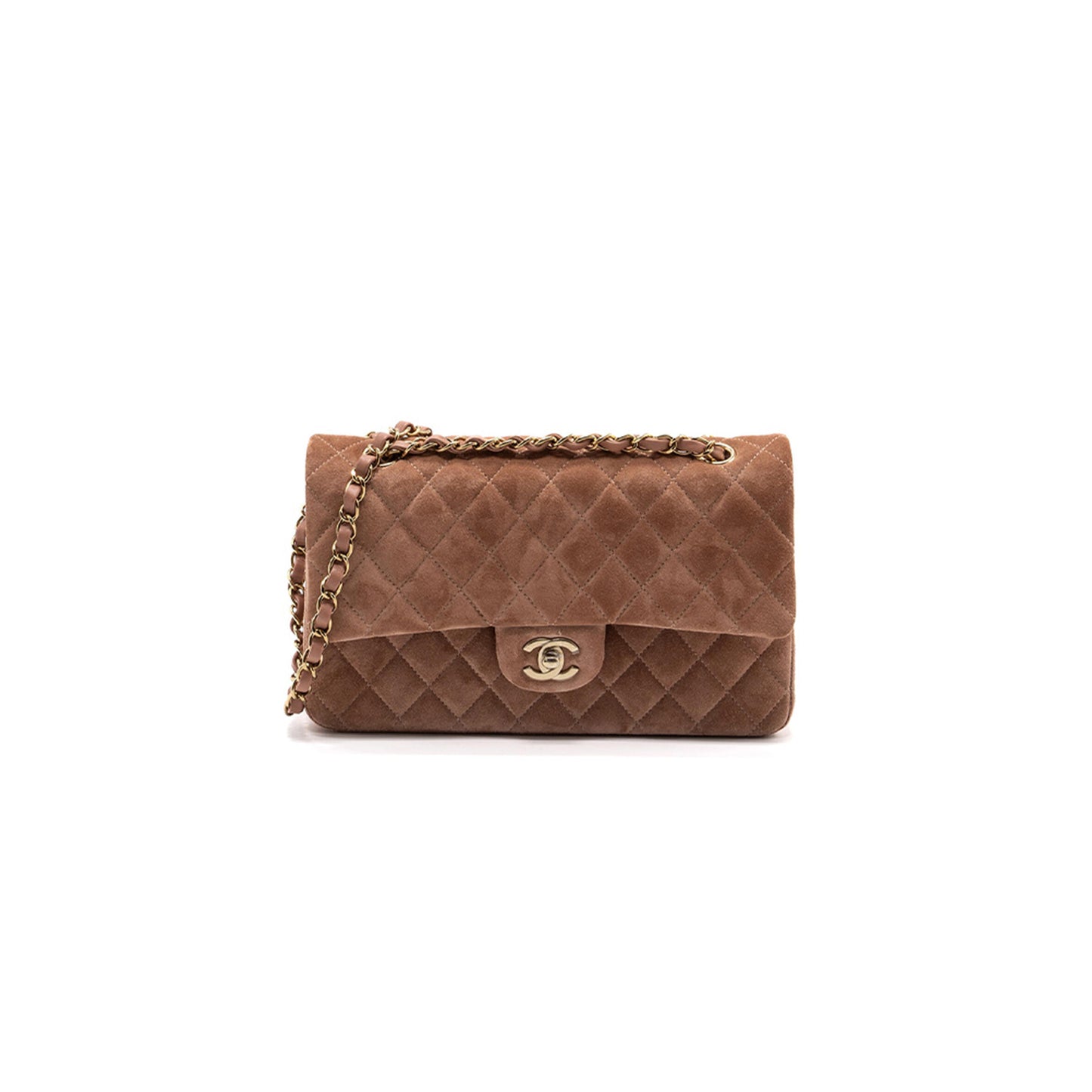 Ch**el medium classic double flap bag suede leather light brown lghw (25*16*6cm)