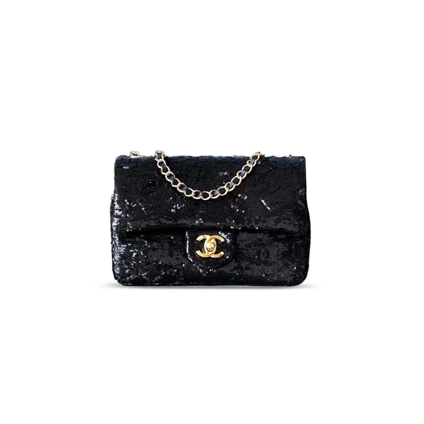 Ch*el flap bag sequins & gold metal & black as4561 (21*14*8cm)