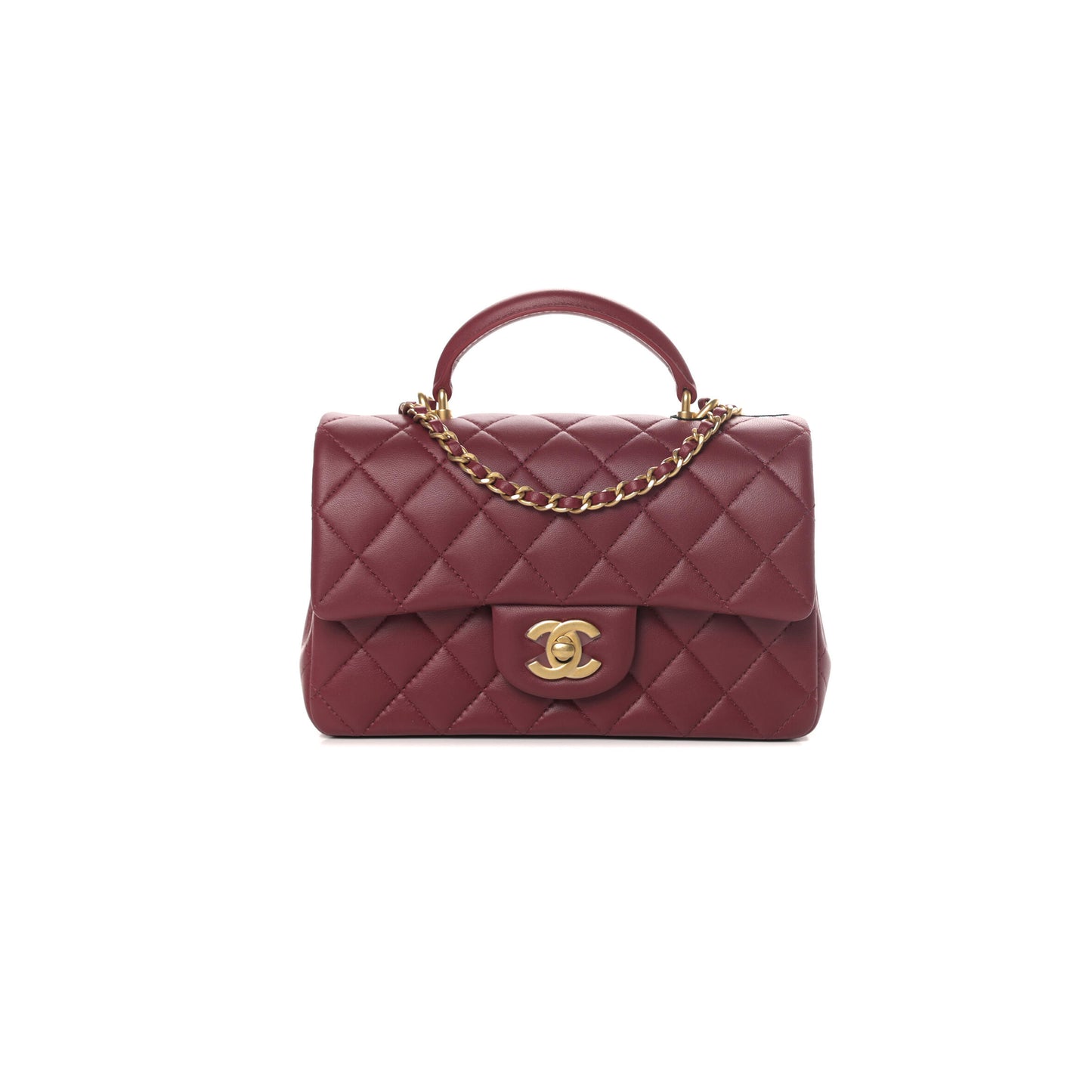 Ch**el lambskin metal quilted mini top handle rectangular flap burgundy 791222 (20*13*6cm)