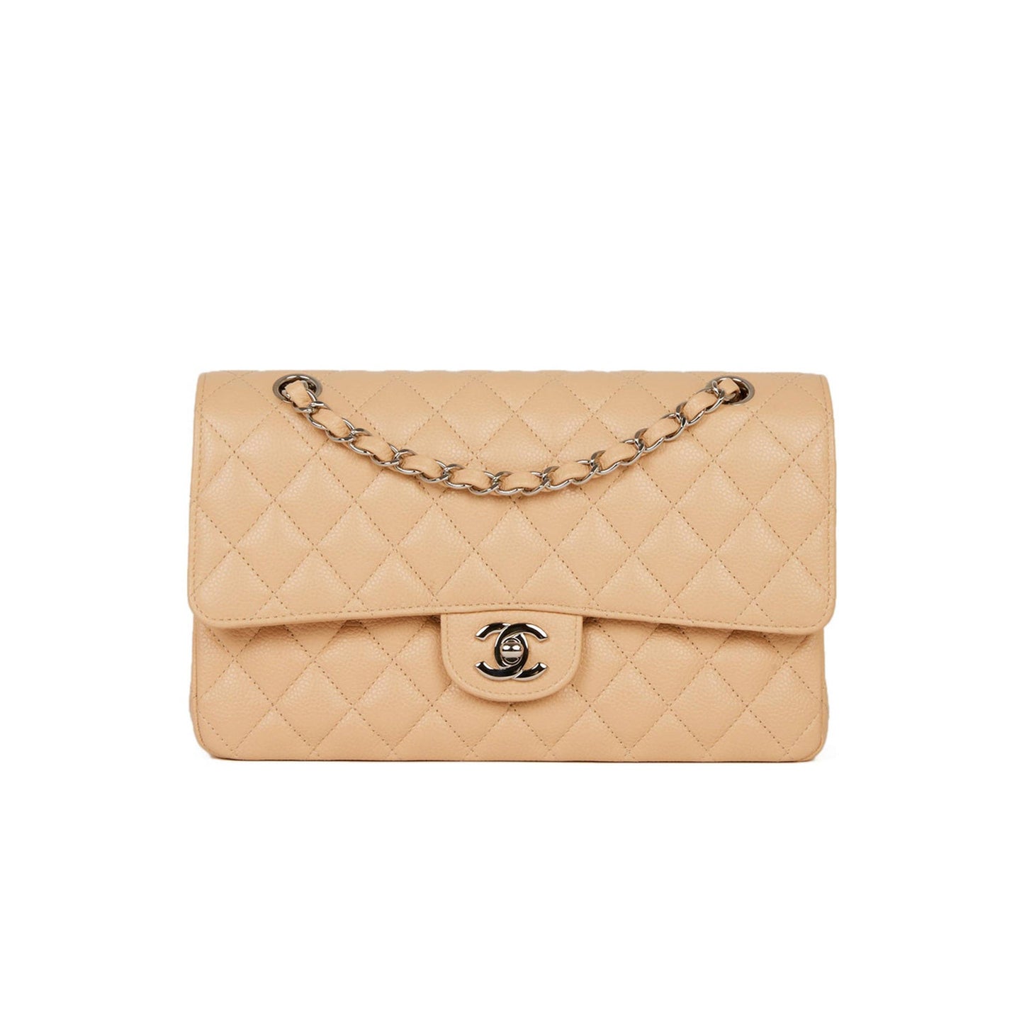 Ch*el medium classic double flap bag beige caviar silver hardware (25*15*7cm)
