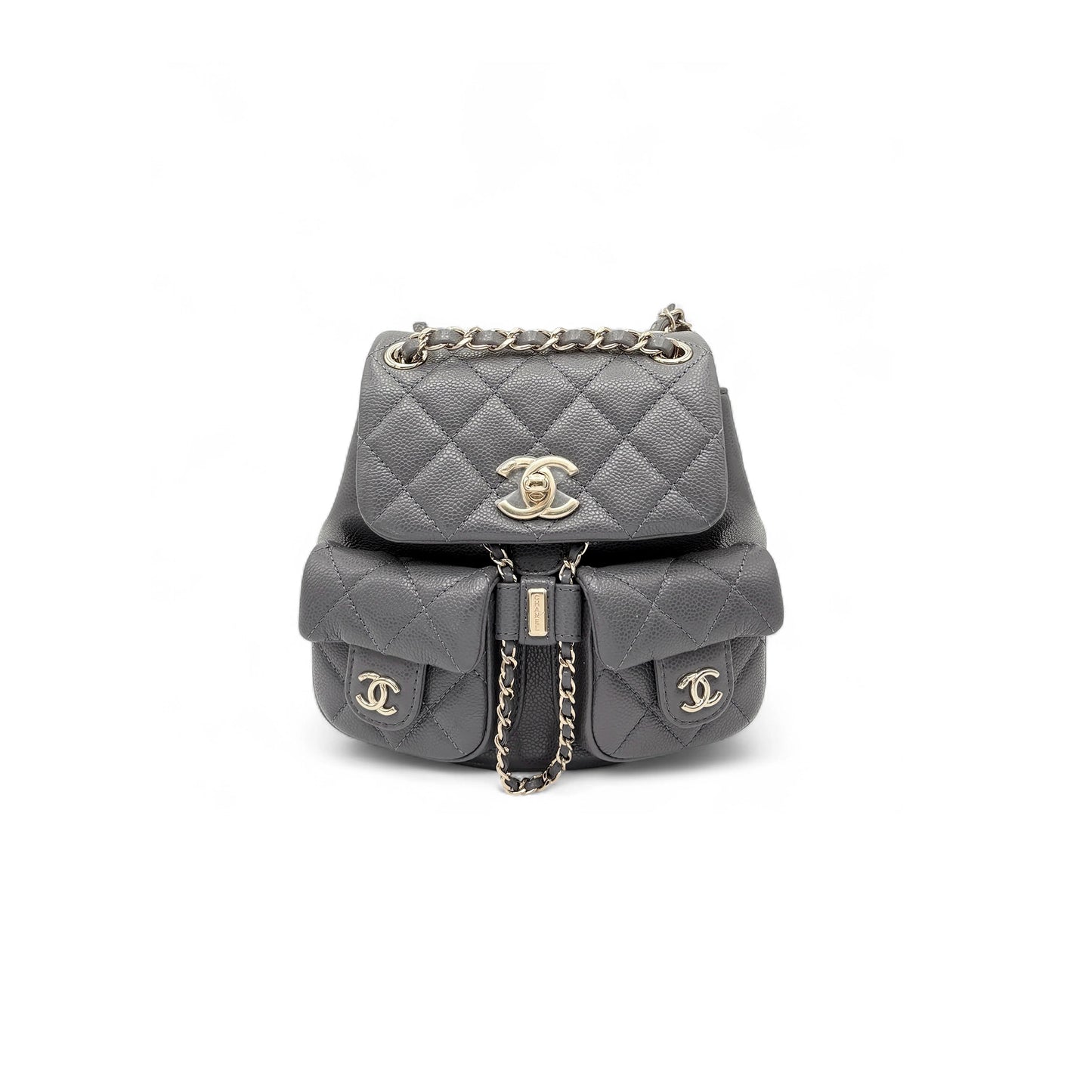Ch*el small backpack grained calfskin & gold-tone metal dark gray as3787 b16981 (17.5*16.5*10cm)
