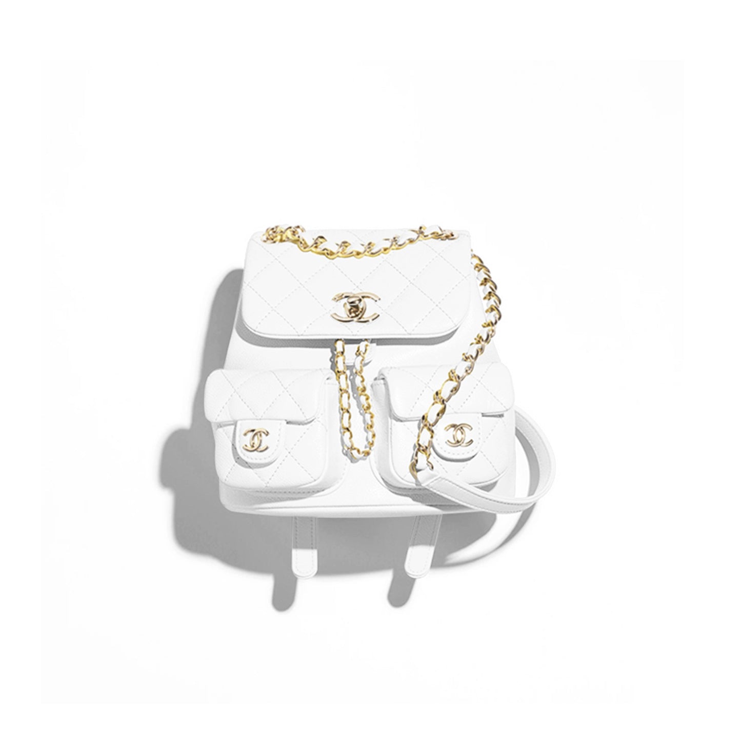 Ch*el small backpack grained calfskin & gold-tone metal white as3787 b16982 (17.5*16.5*10cm)