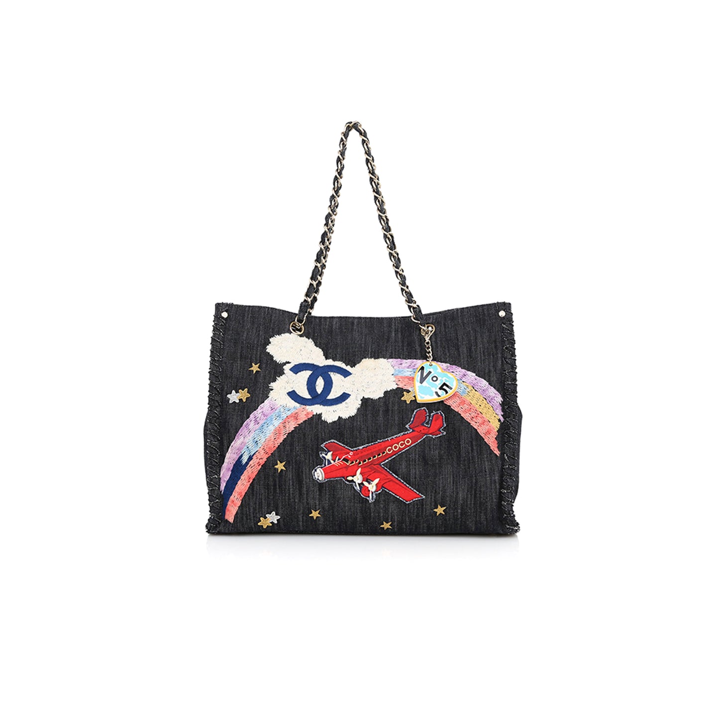 Ch**el dark blue embroidered denim night flight tote bag (40*30cm)
