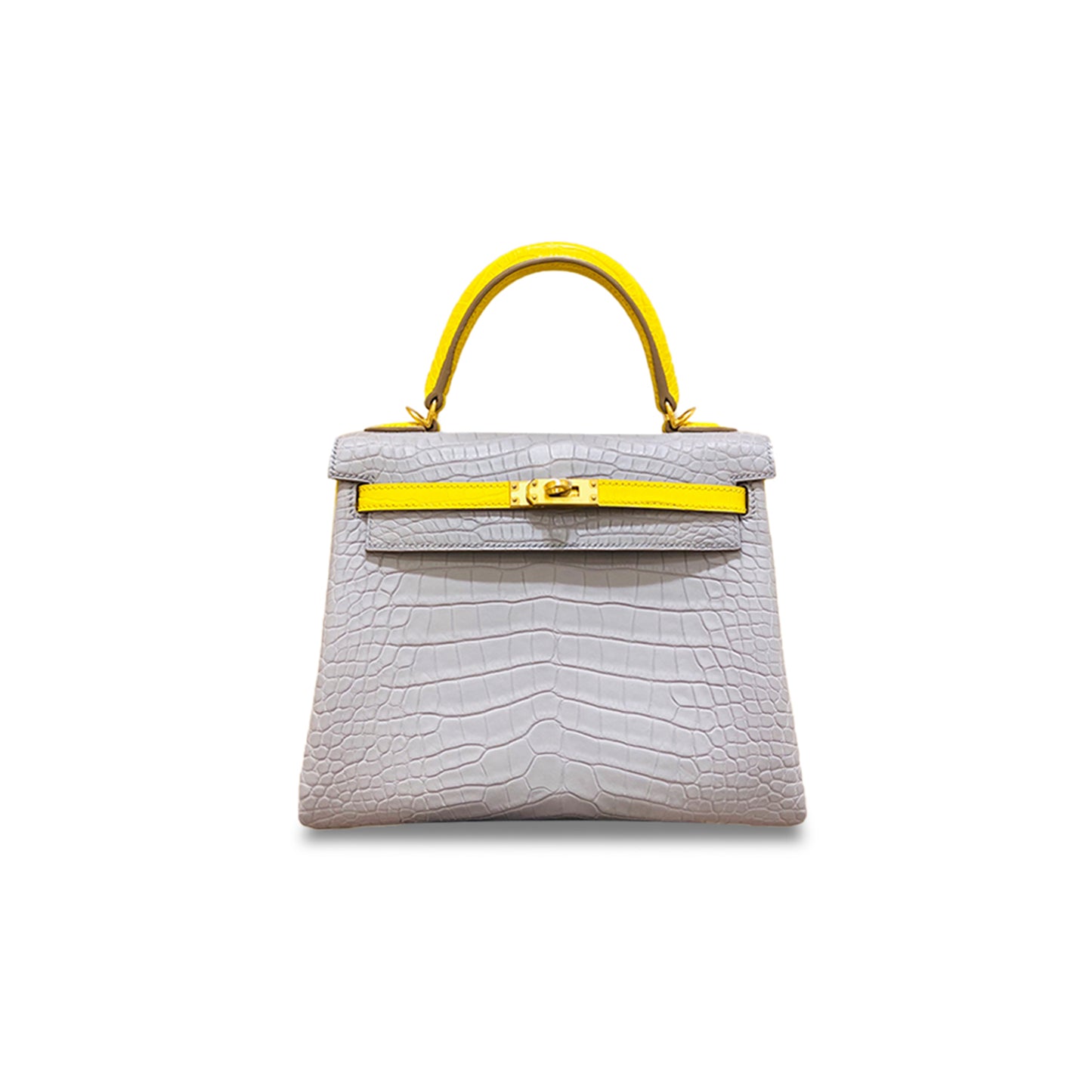 H**mes master kelly 25 crocodile pearl grey and marigold yellow gold buckle (25*17*7cm)