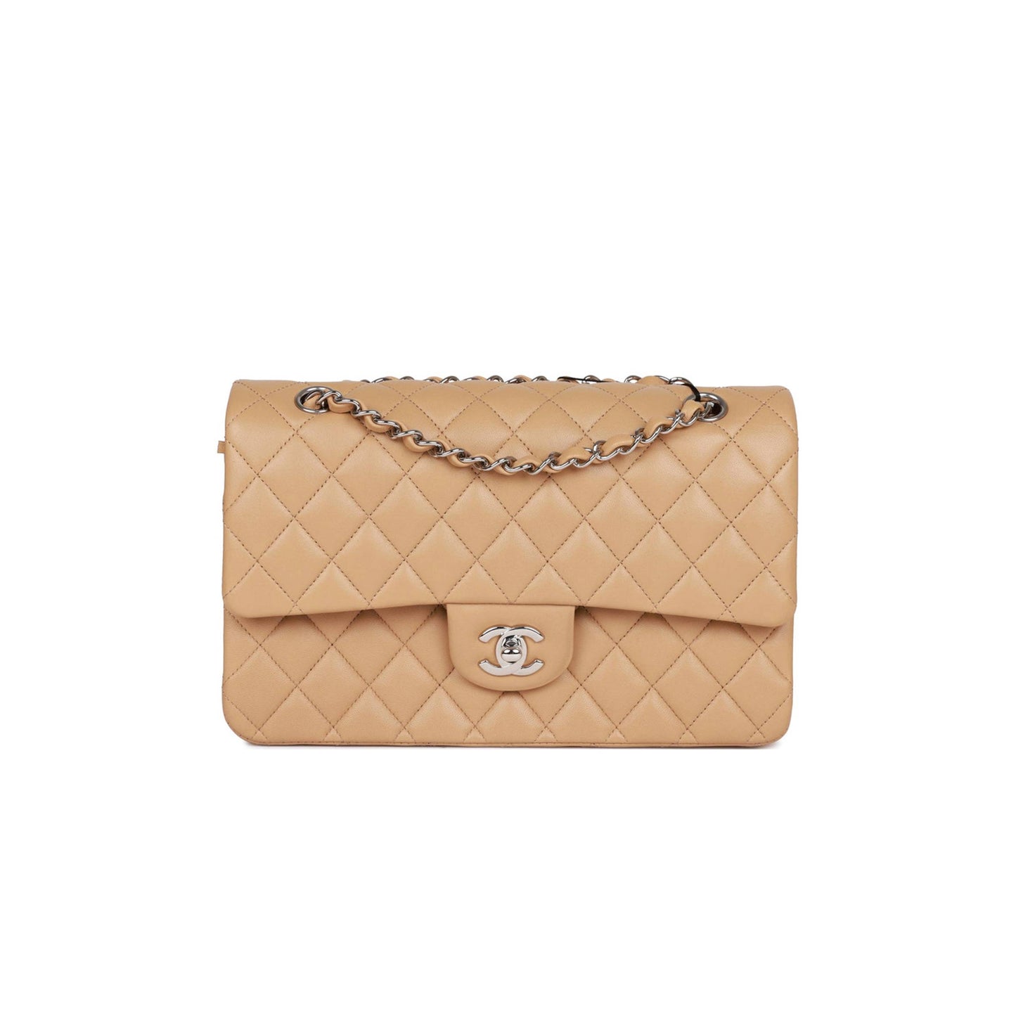 Ch*el medium classic double flap bag beige lambskin silver hardware (25*15*7cm)