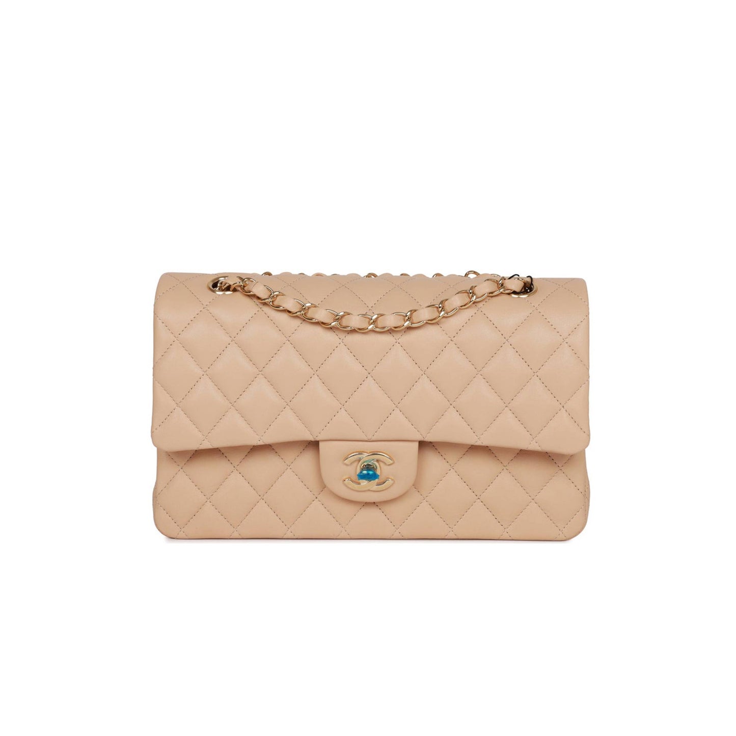 Ch*el medium classic double flap bag beige lambskin light gold hardware (25*15*7cm)