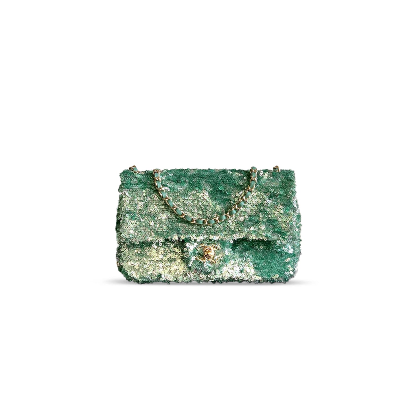 ch*el flap bag sequins & gold-tone metal G01den & green as4561 (21*14*8cm)