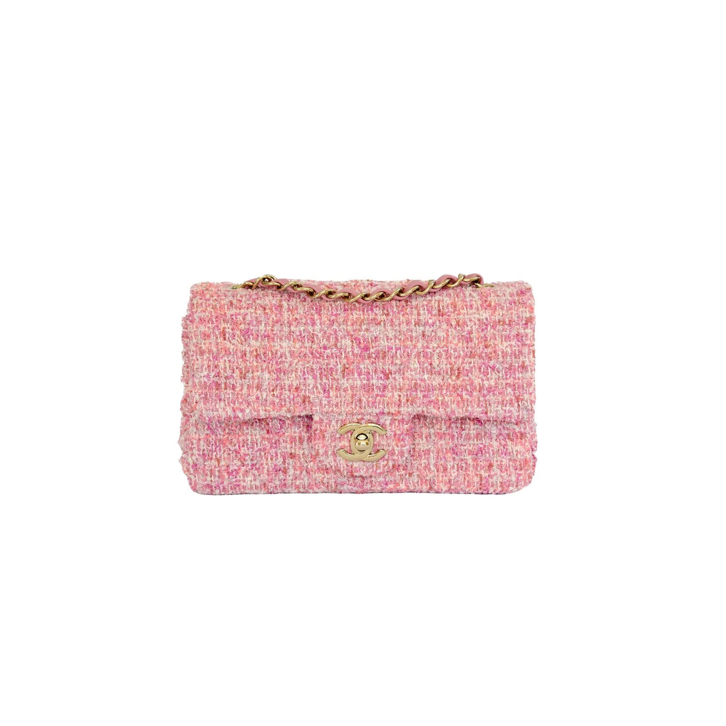 Ch*el tweed quilted flap pink gold hardware (25.5*15.5*6.5cm)