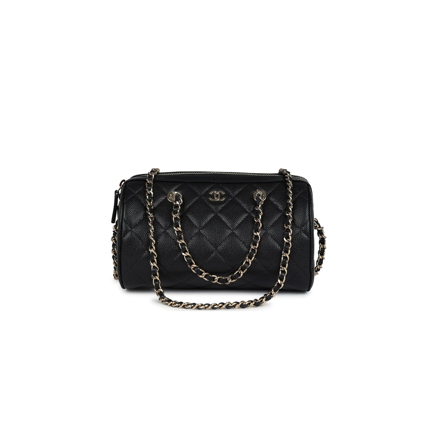 Ch*el mini timeless classic barrel bag with chain black shiny caviar light gold hardware as0932 (18*13*10cm)