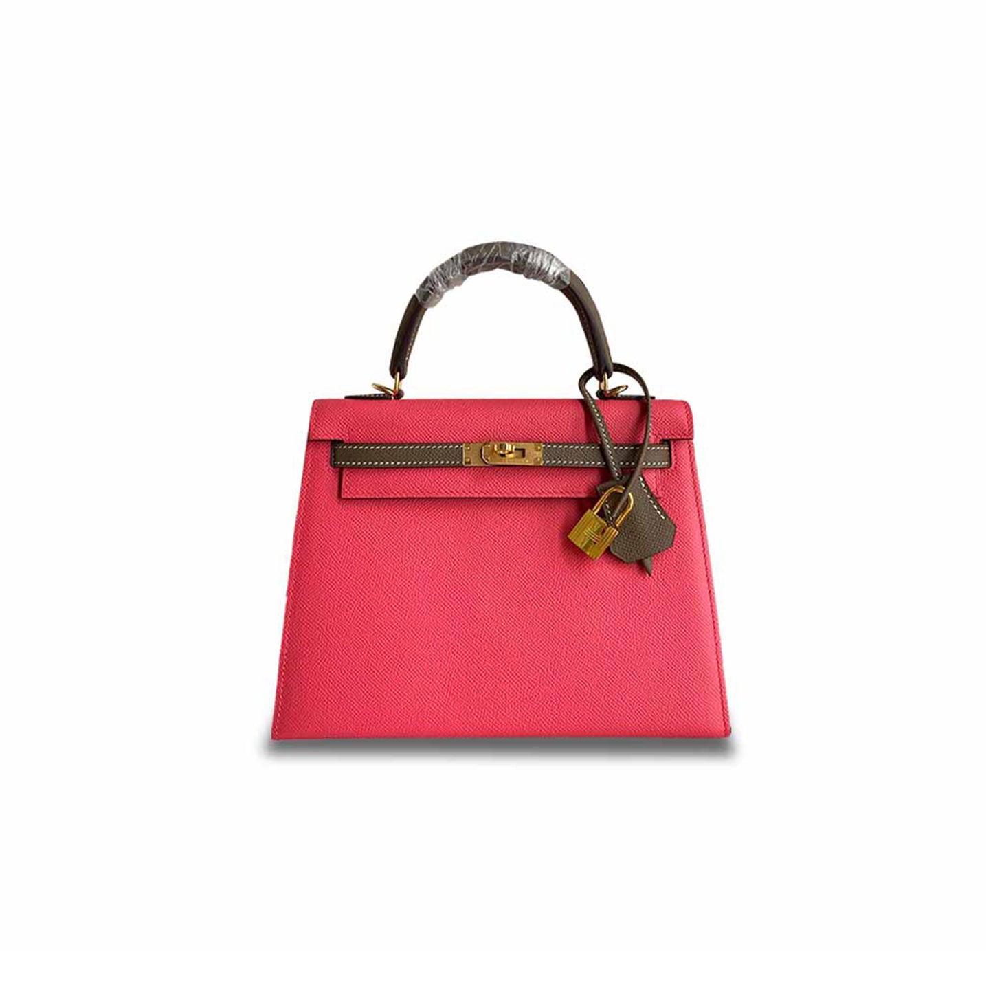 H**mes kelly 25 epsom leather lipstick pink elephant gray wax thread gold buckle (25*17*7cm)