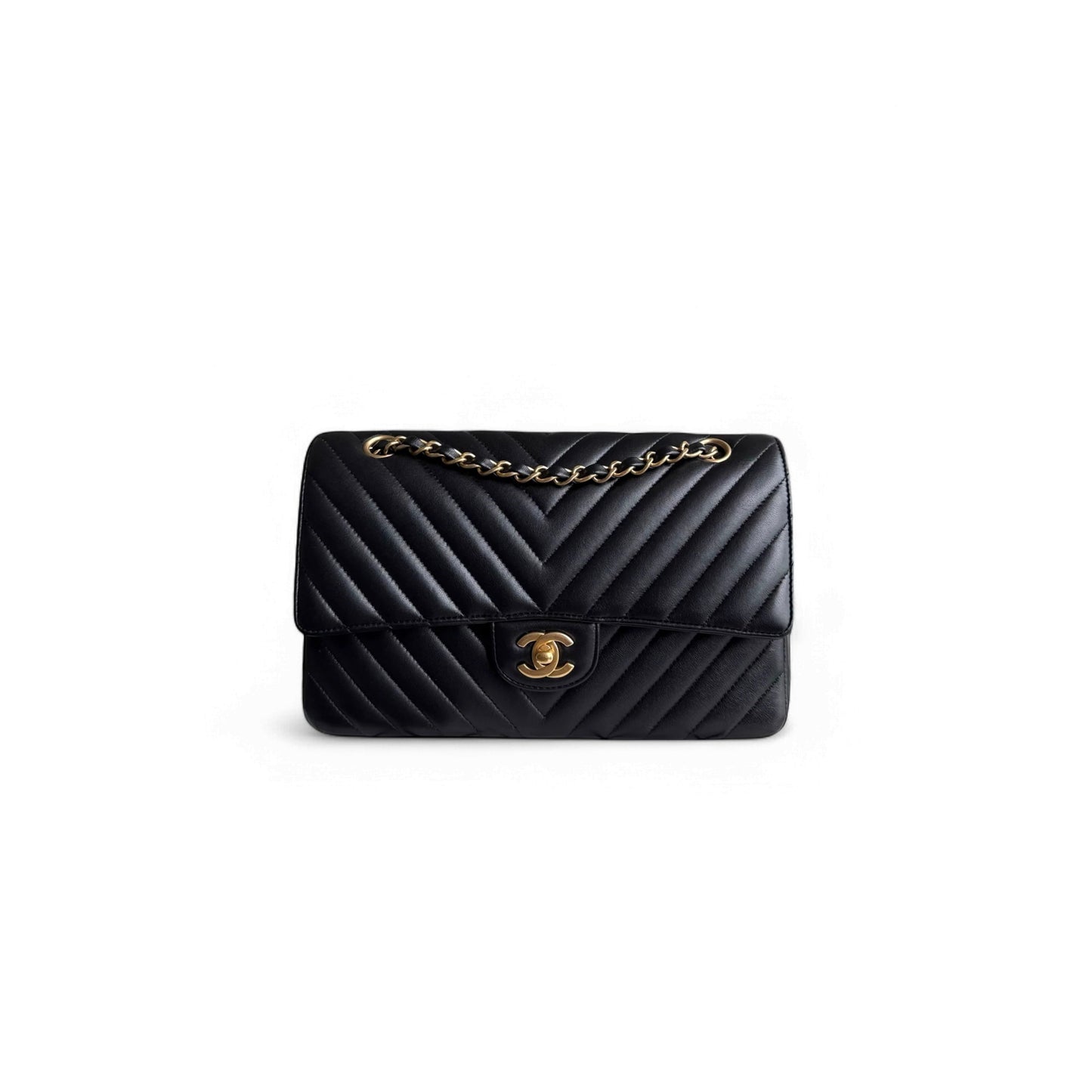 Ch*el medium classic flap chevron lambskin gold hardware a01113 (25*15*7.5cm)