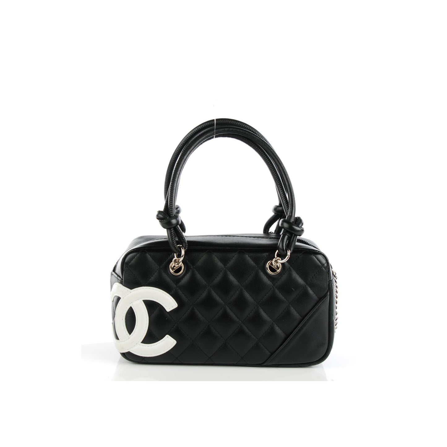 Ch*el calfskin quilted small cambon bowler black white a29792 (21*12*9cm)