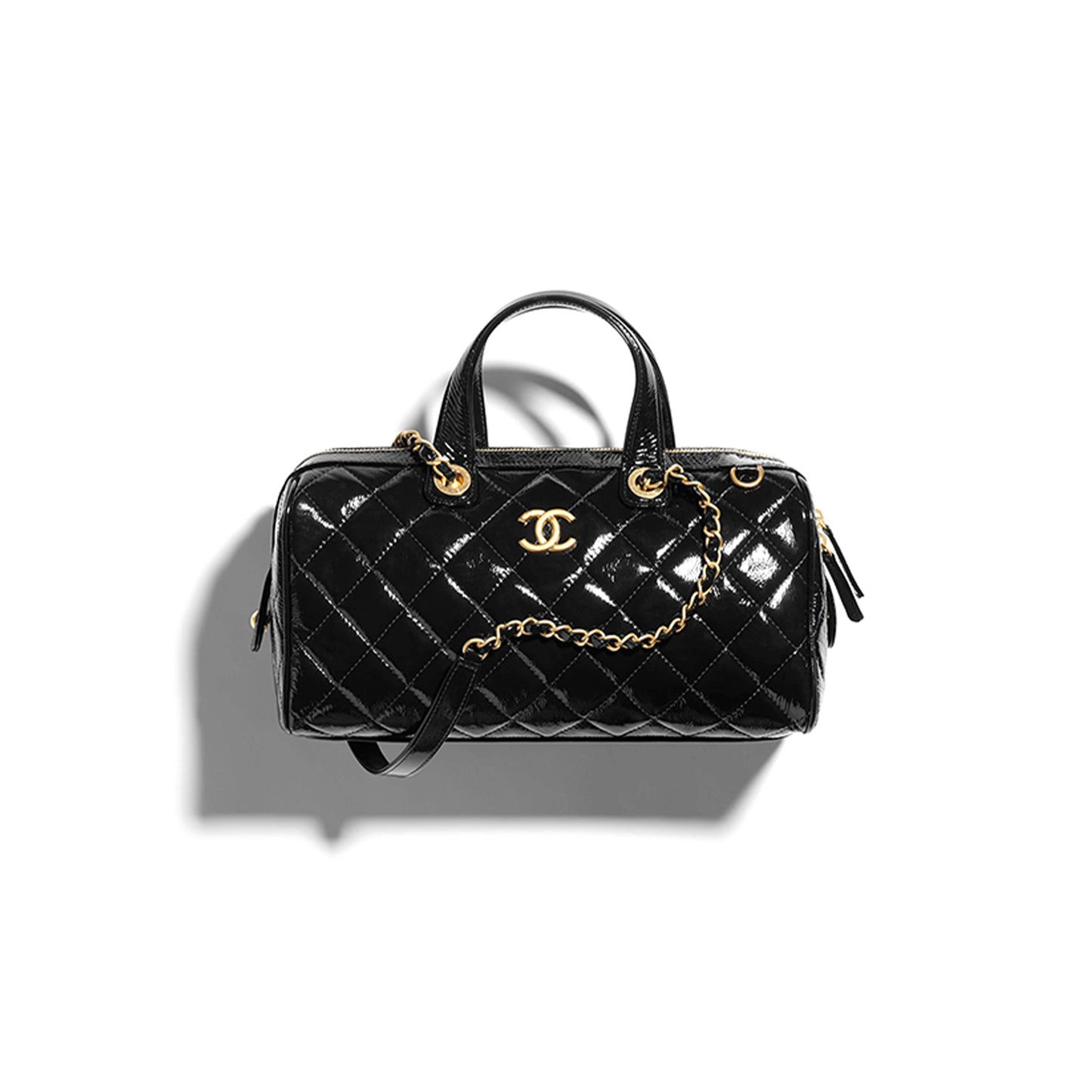 Ch*el large bowling bag patent crumpled calfskin & gold-tone metal black as5579 (31*17*13cm)