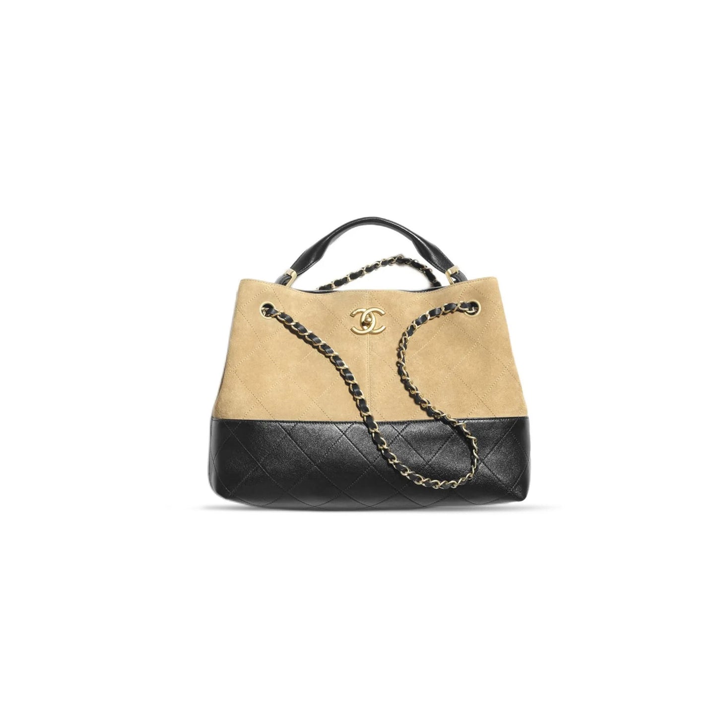 Ch*el master shopping bag suede calfskin, shiny lambskin & gold-tone metal beige & black as5634 (36*24*12cm)