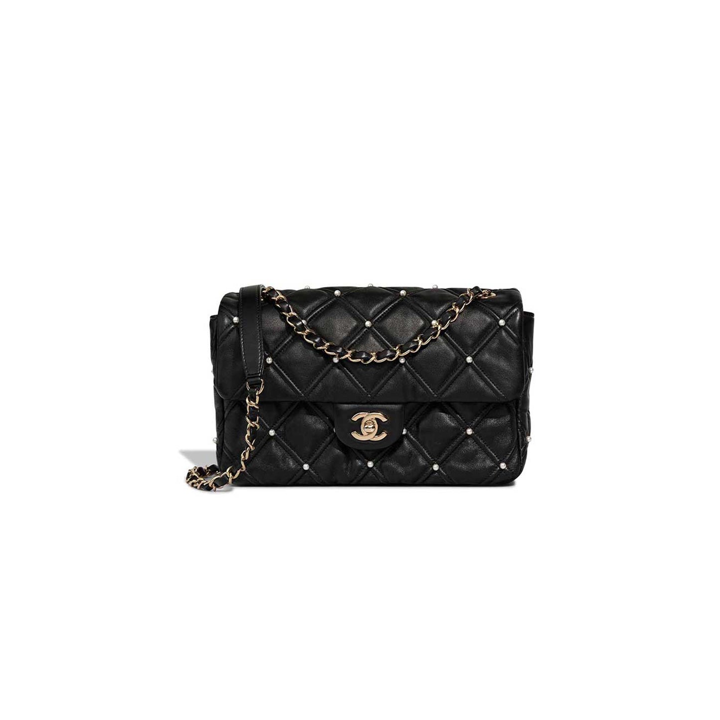 Ch**el black lambskin quilted pearl studded flap bag with ghw (24*16*7.5cm)