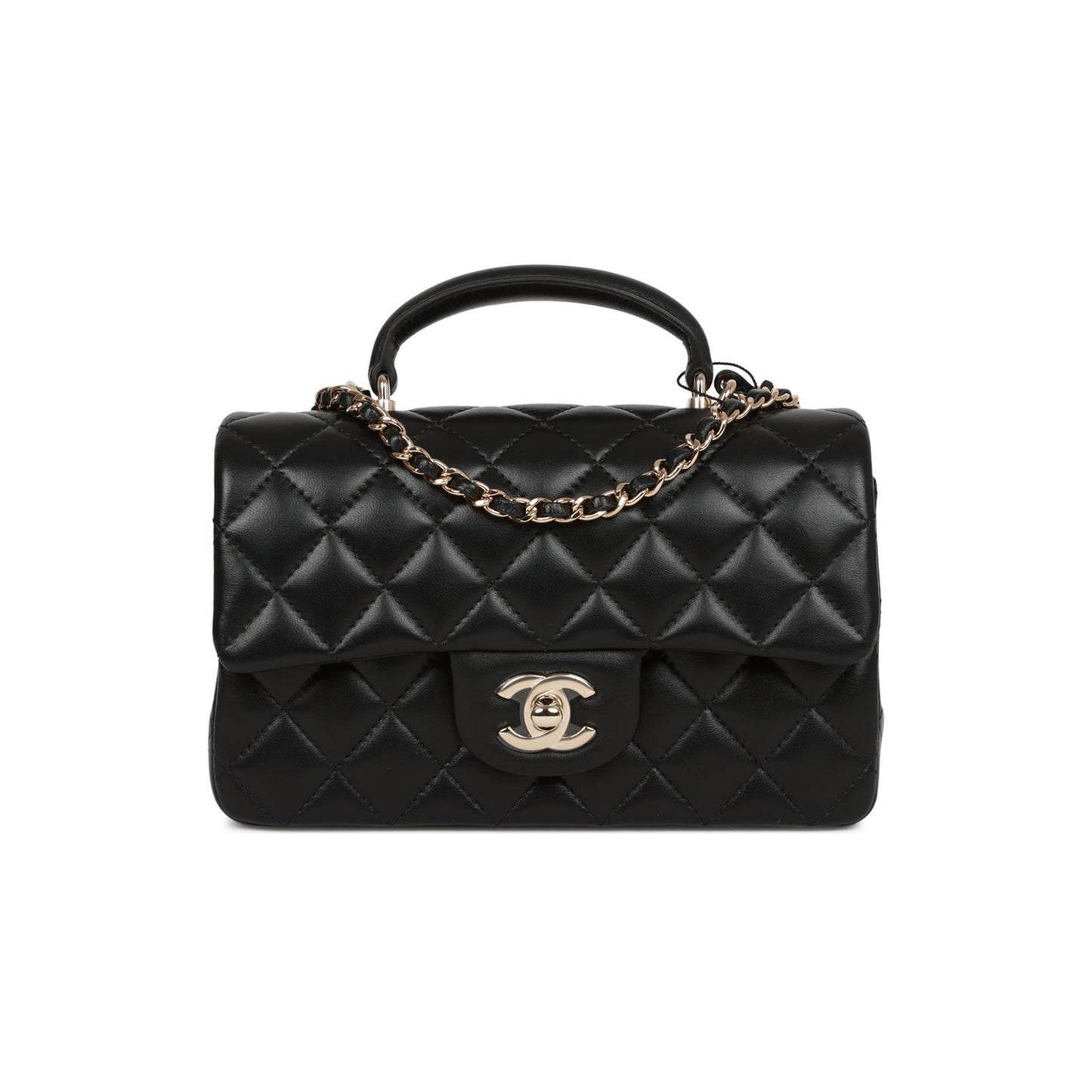Ch*el mini rectangular flap bag with top handle black lambskin light gold hardware (22*15*8cm)