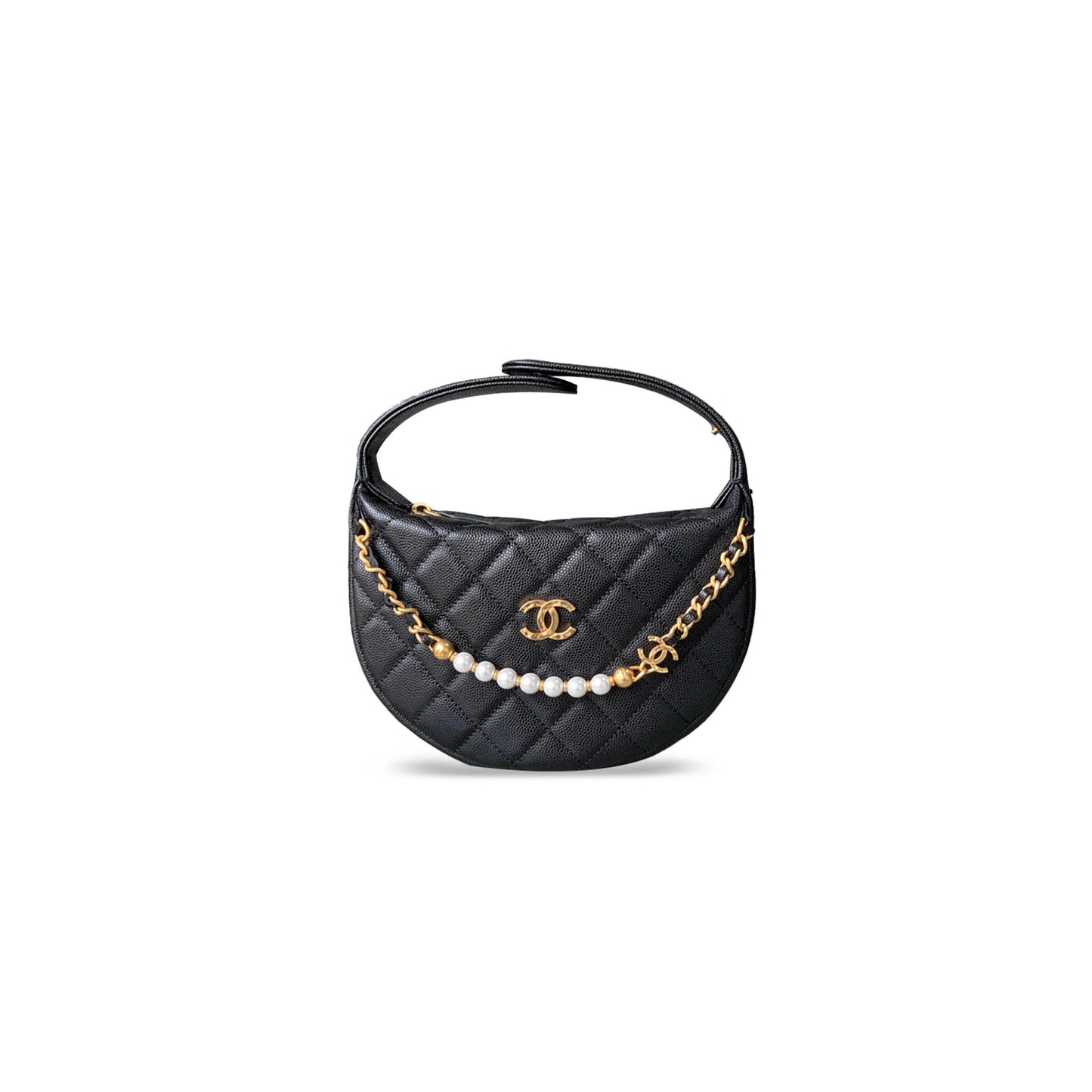 Ch*el pouch grained calfskin, imitation pearl & gold-tone metal black ap4584 (17.5*10*9cm)