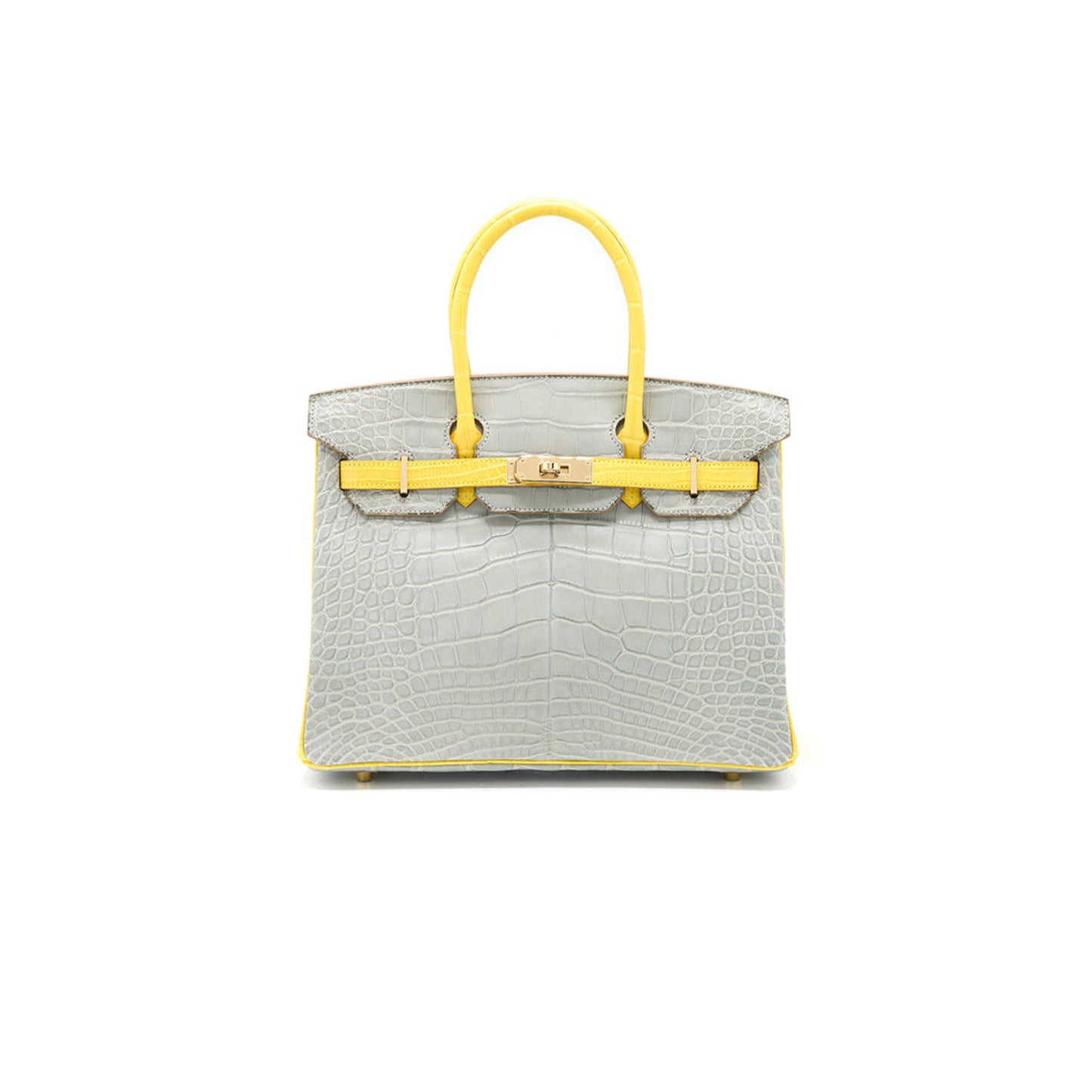 H**mes master birkin 30 crocodile leather pearl grey and yellow bag gold buckle h041367ck43 (30*22*16cm)