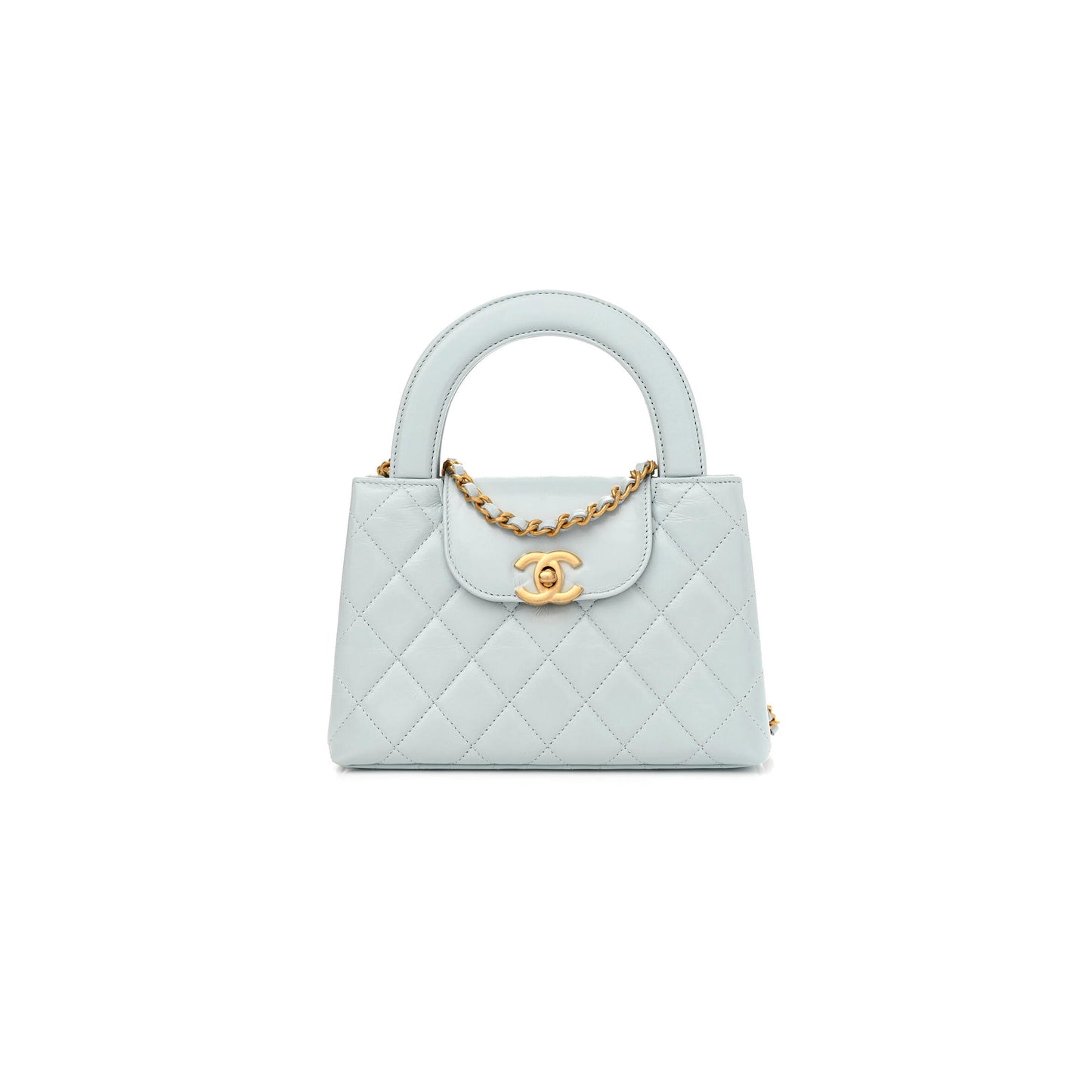 Ch**elshiny aged calfskin quilted nano kelly shopper light blue as4461 01 (19*13*6cm)