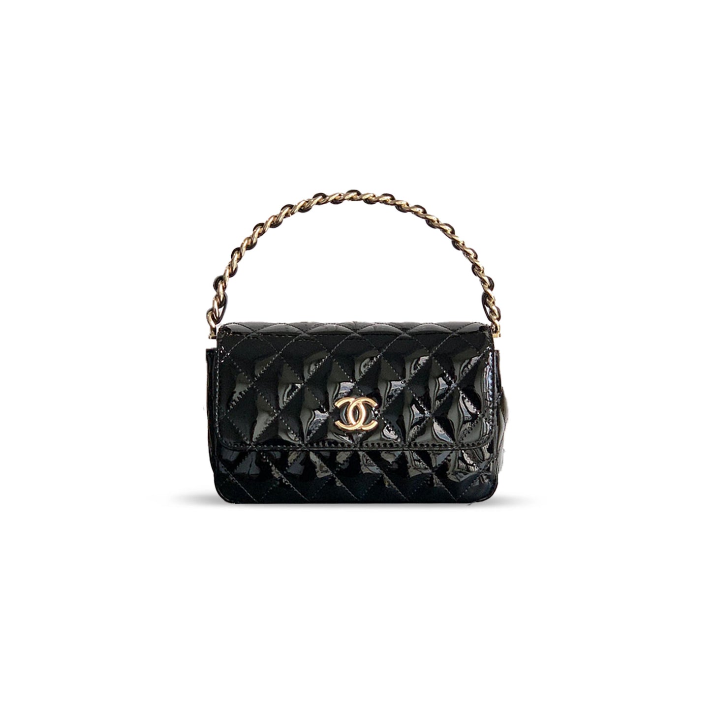 Ch*el handle flap bag patent calfskin & gold metal black 496582 (18.5*10.5*8cm)