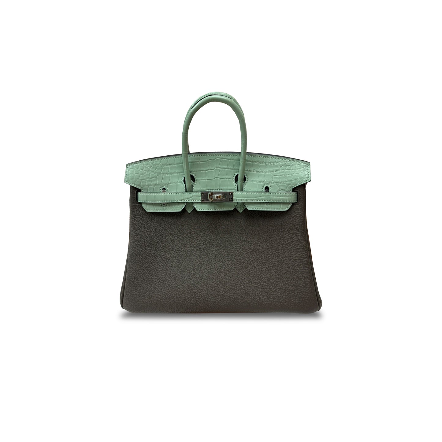 H**mes master birkin 25 crocodile and togo leather avocado green and pewter grey silver buckle h076216ckbl (25*20*13cm)