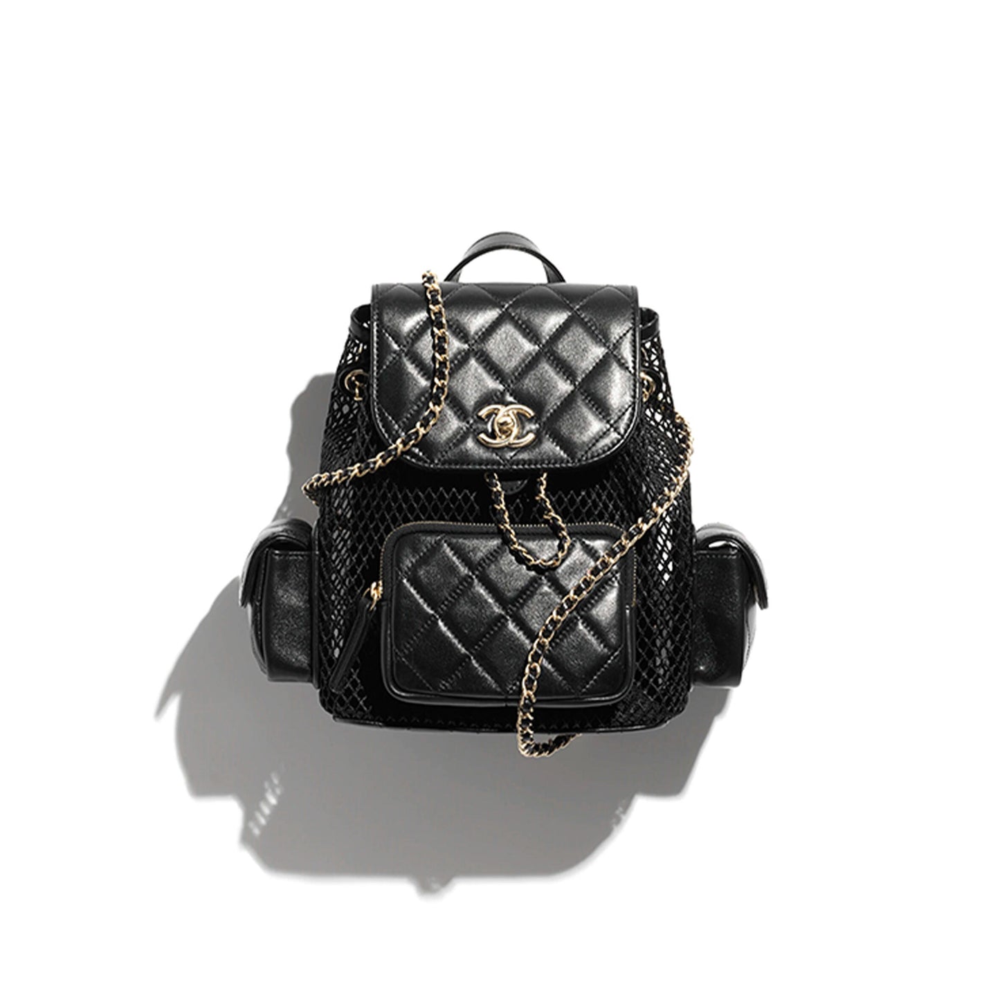 CHANE BACKPACK MESH, SHINY LAMBSKIN & GOLD-TONE METAL BLACK AS5484 (25*23*14cm)