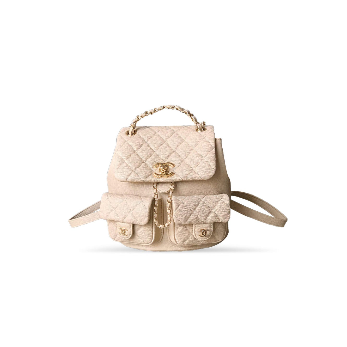 Ch**el largr shiny caviar quilted duma pockets drawstring backpack milk tea color 129235 (21*20*12cm)