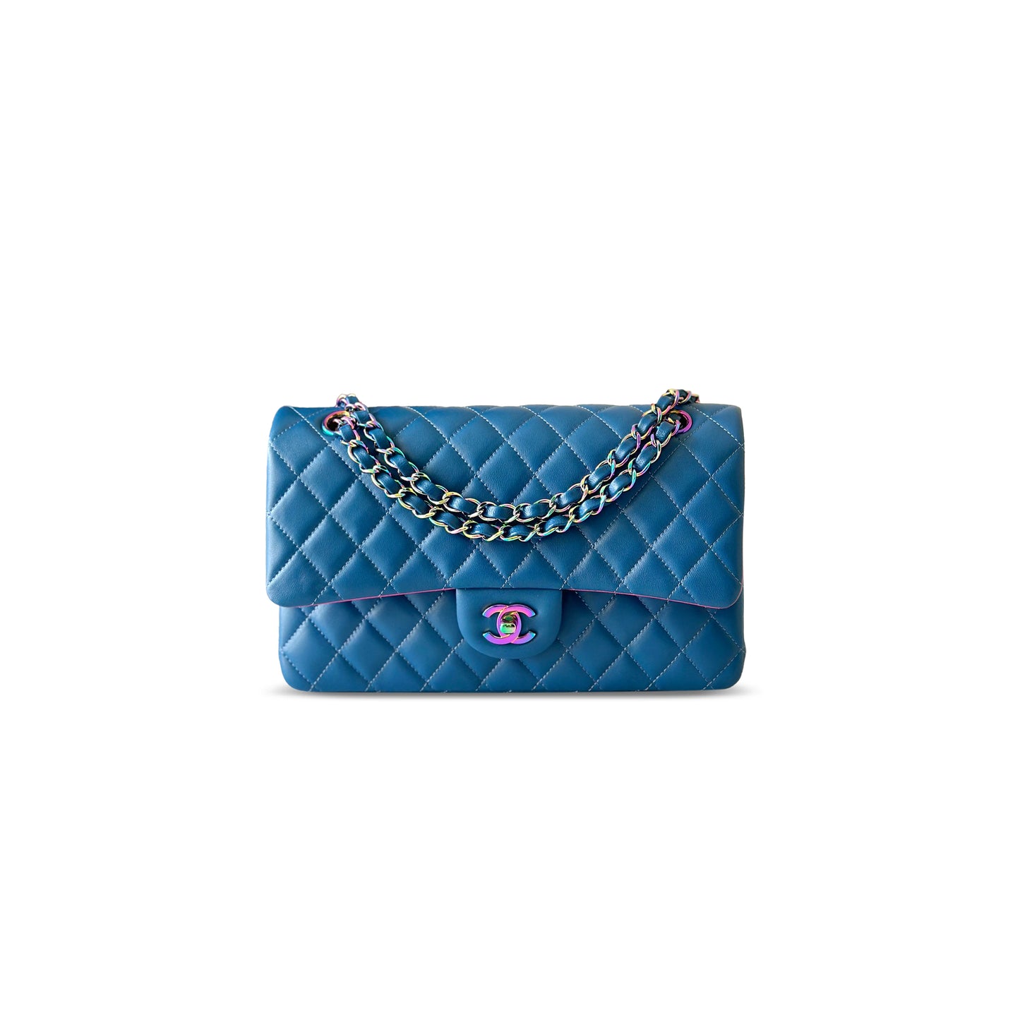Ch*el rainbow classic medium double flap bag bule a01112 (25*16*8cm)