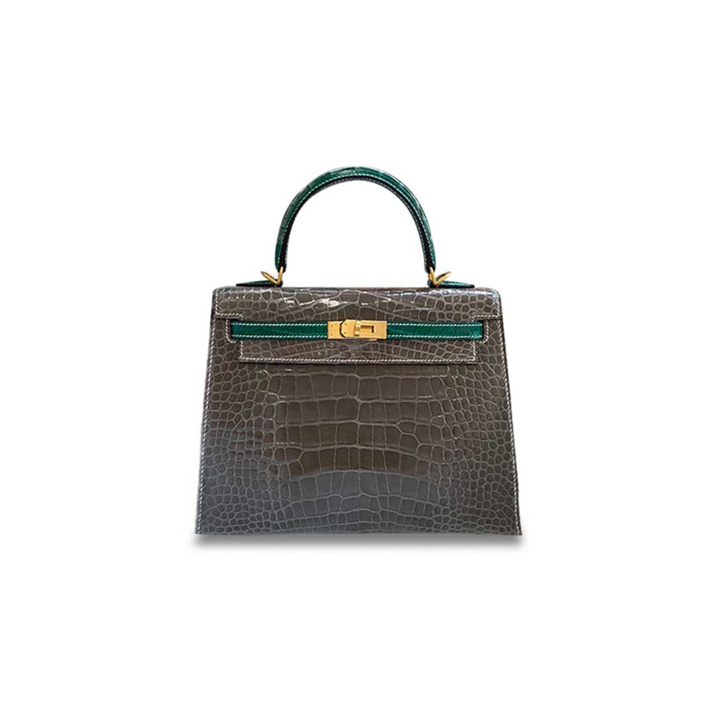 H**mes master kelly 25 turtledove gray crocodile with emerald green brushed gold buckle (25*17*7cm)