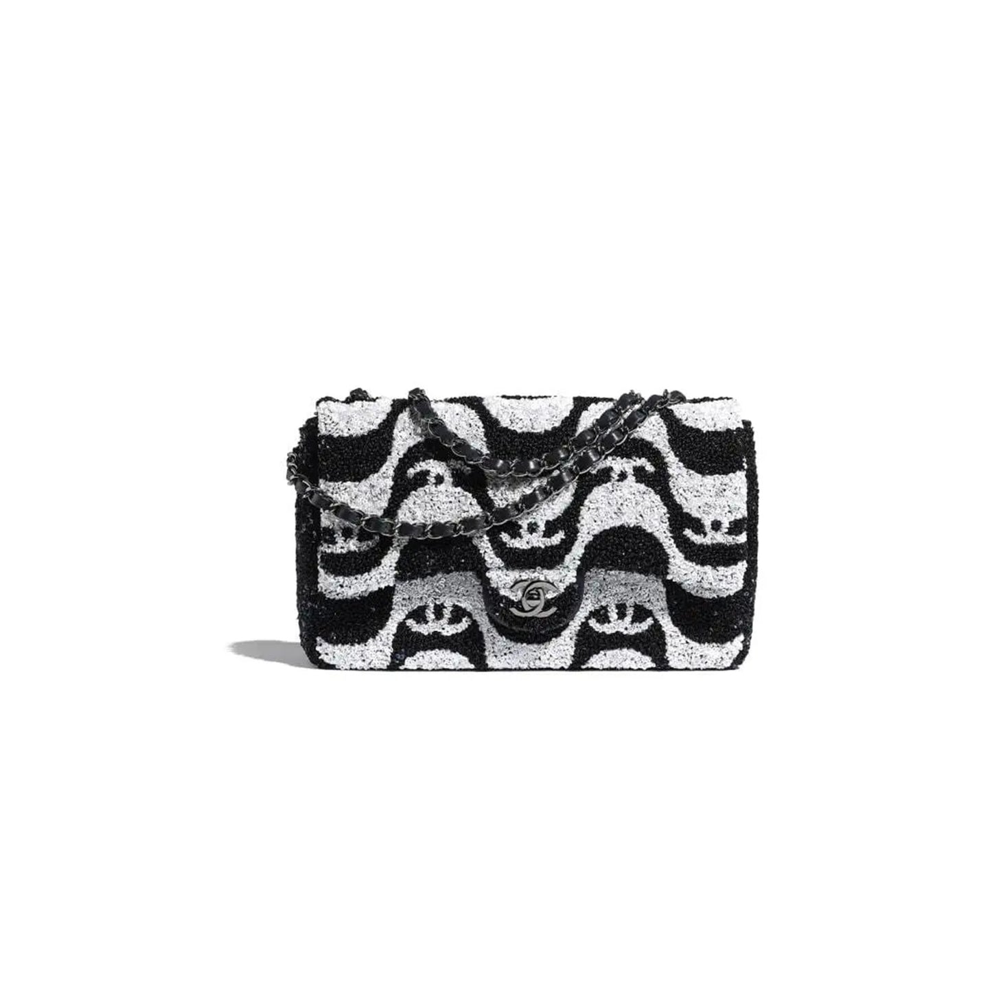 Ch*el sequins white & black flap bag a01112 (25*15*6cm)