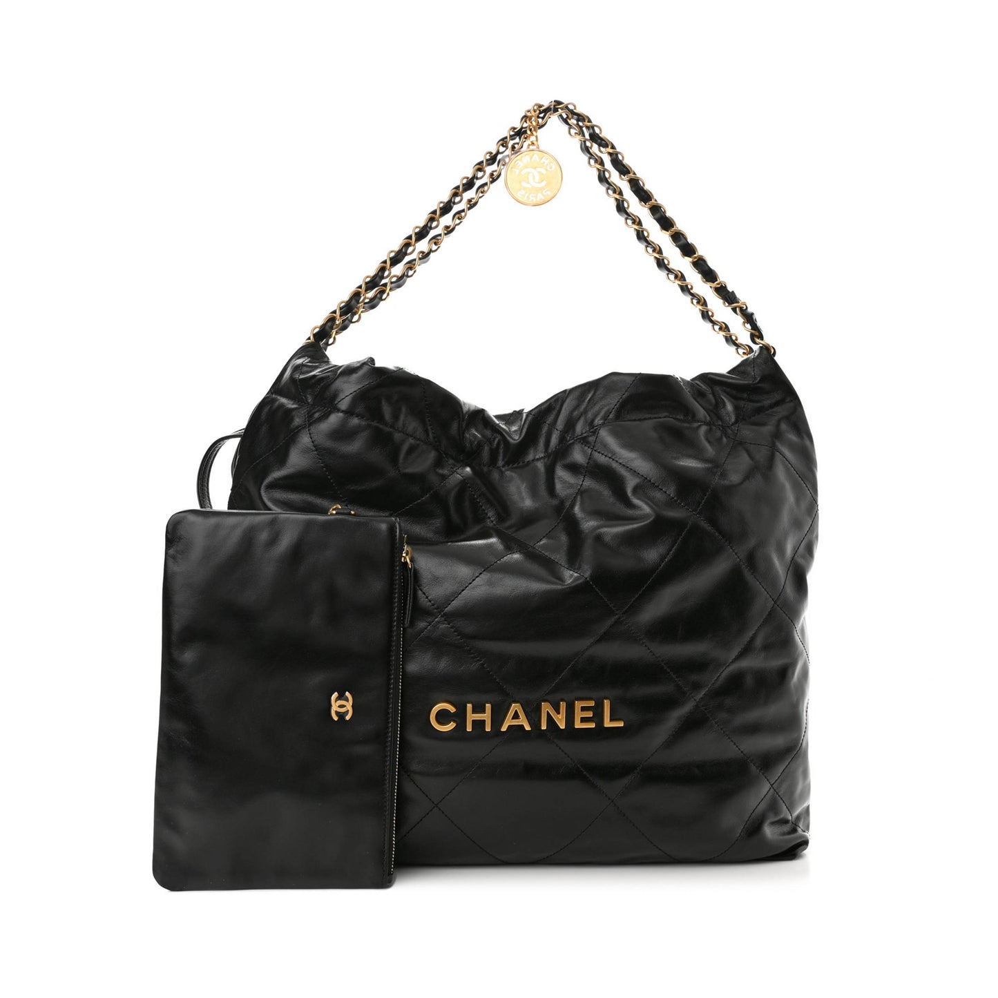 Ch*el shiny calfskin quilted Ch*el 22 black (37*35*7cm)