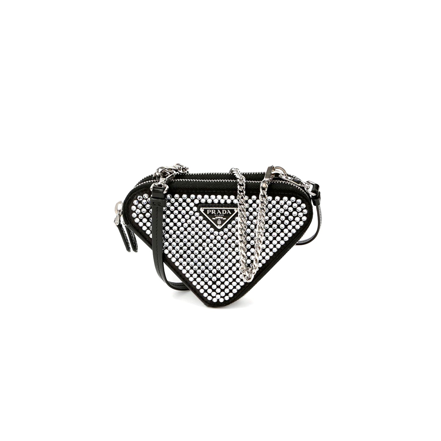 Pra*a triangular embellished satin and leather mini-pouch 1nr015 (15*15*10cm)