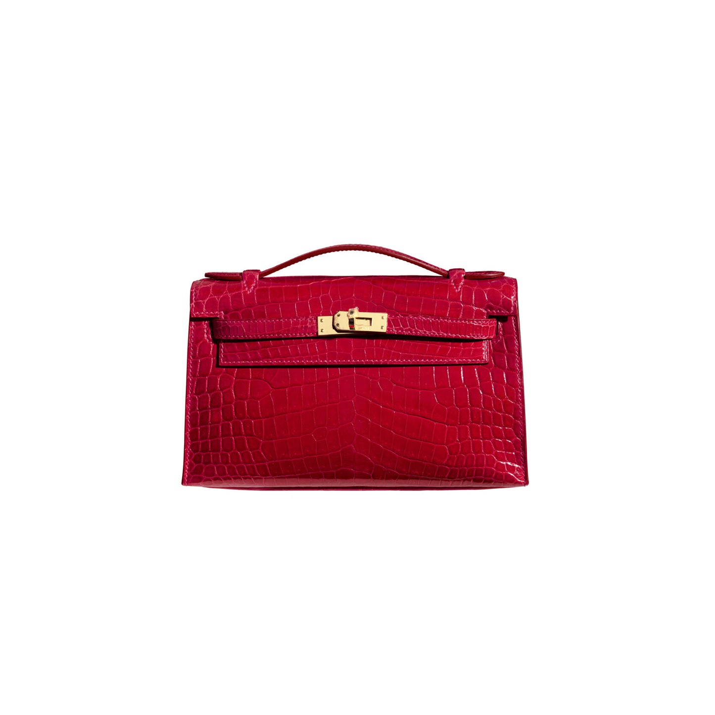 H**mes master shiny braise niloticus crocodile kelly pochette bag with gold hardware (22*14*7cm)