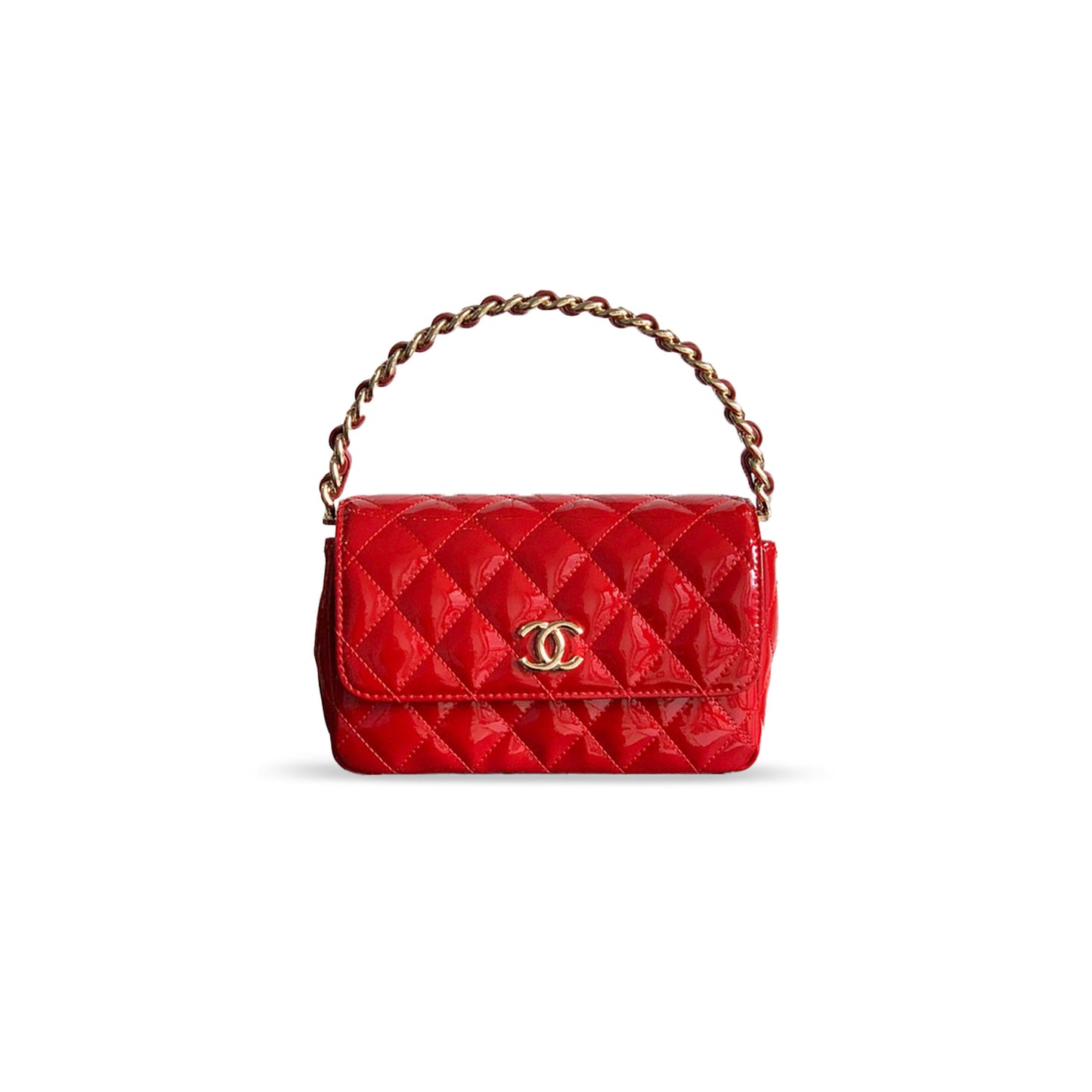 Ch*el handle flap bag patent calfskin & gold metal red 496586 (18.5*10.5*8cm)