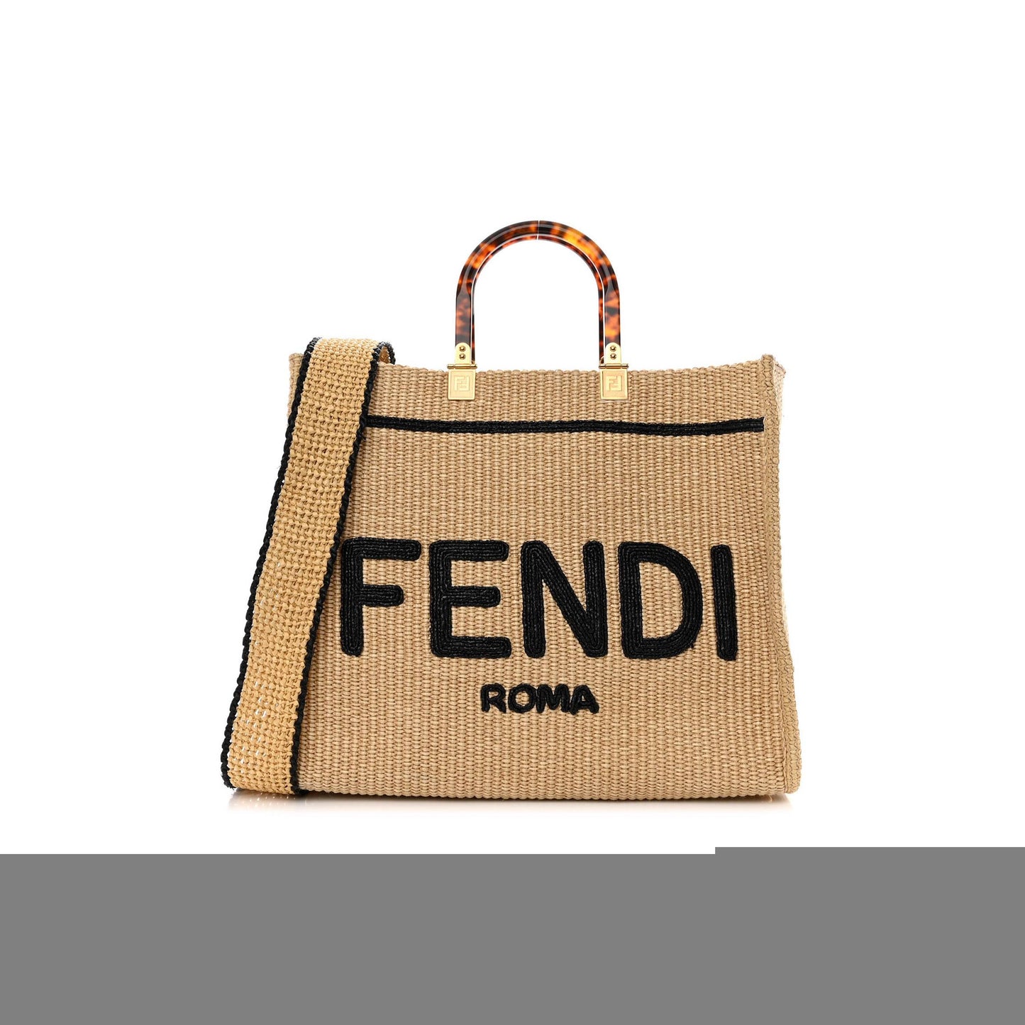 F**di straw vitello king plexiglass woven medium F**di sunshine shopper tote natural black (36*32*17cm)