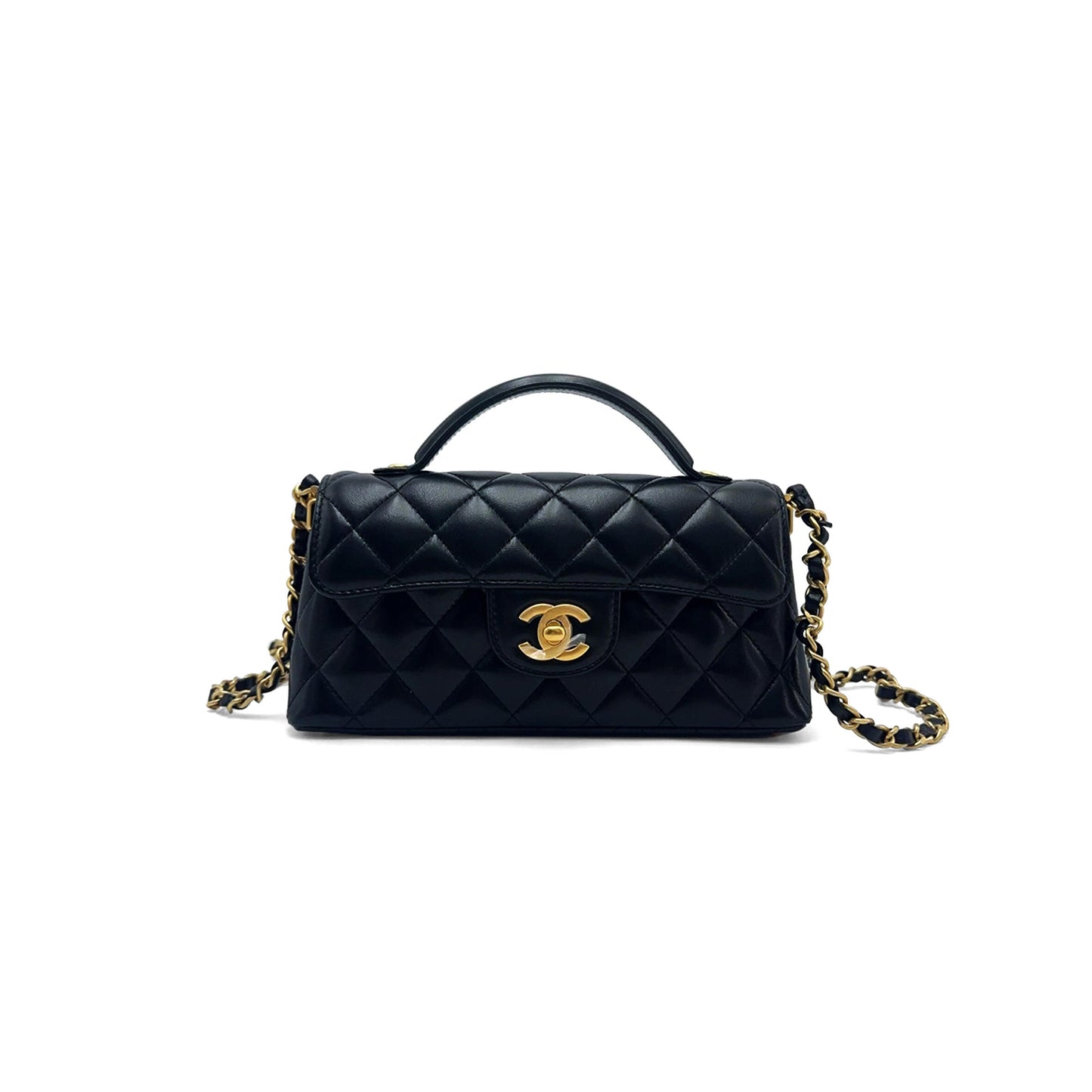 Ch*el mini flap bag with top handle lambskin & gold-tone metal black as5354 (20*14*5.5cm)