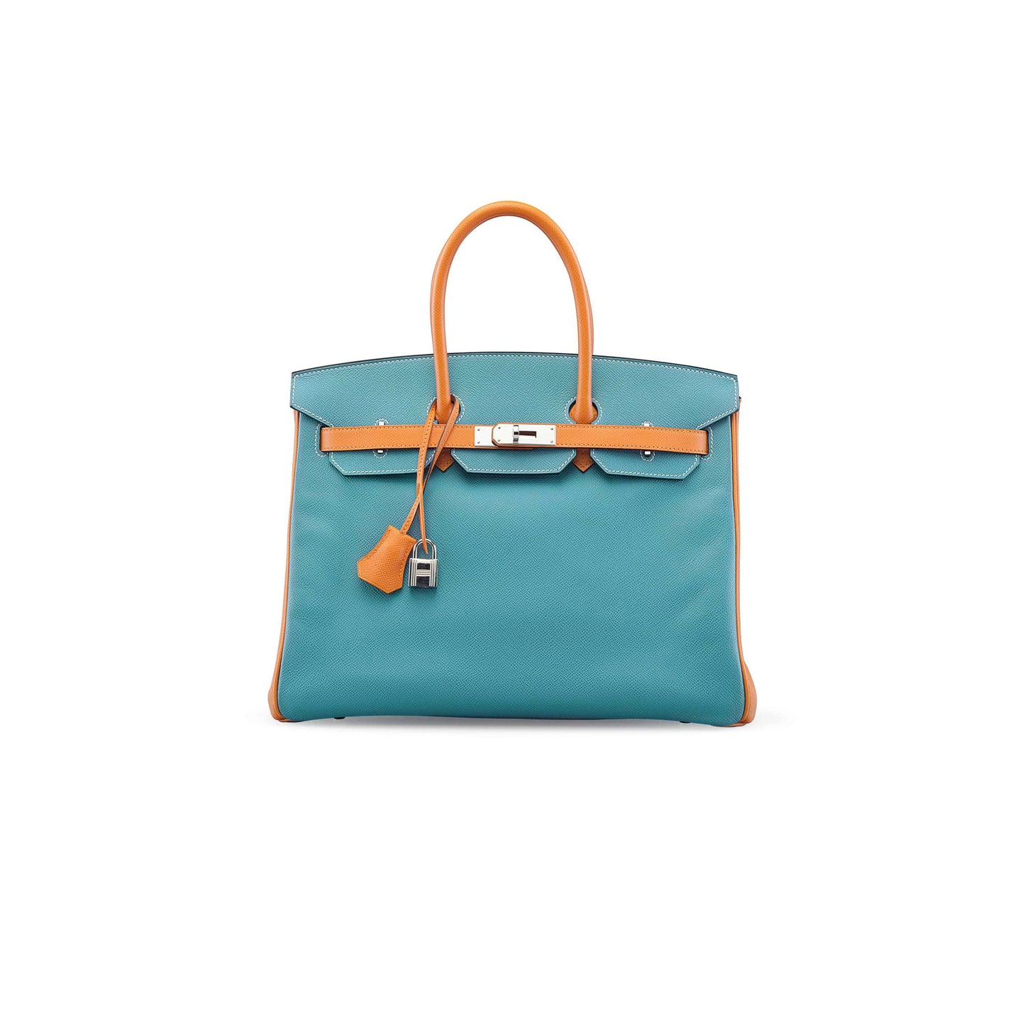 H**mes master birkin 25 togo leather peacock blue and sun yellow leather with horseshoe logo silver buckle 10092958 (25*20*13cm)