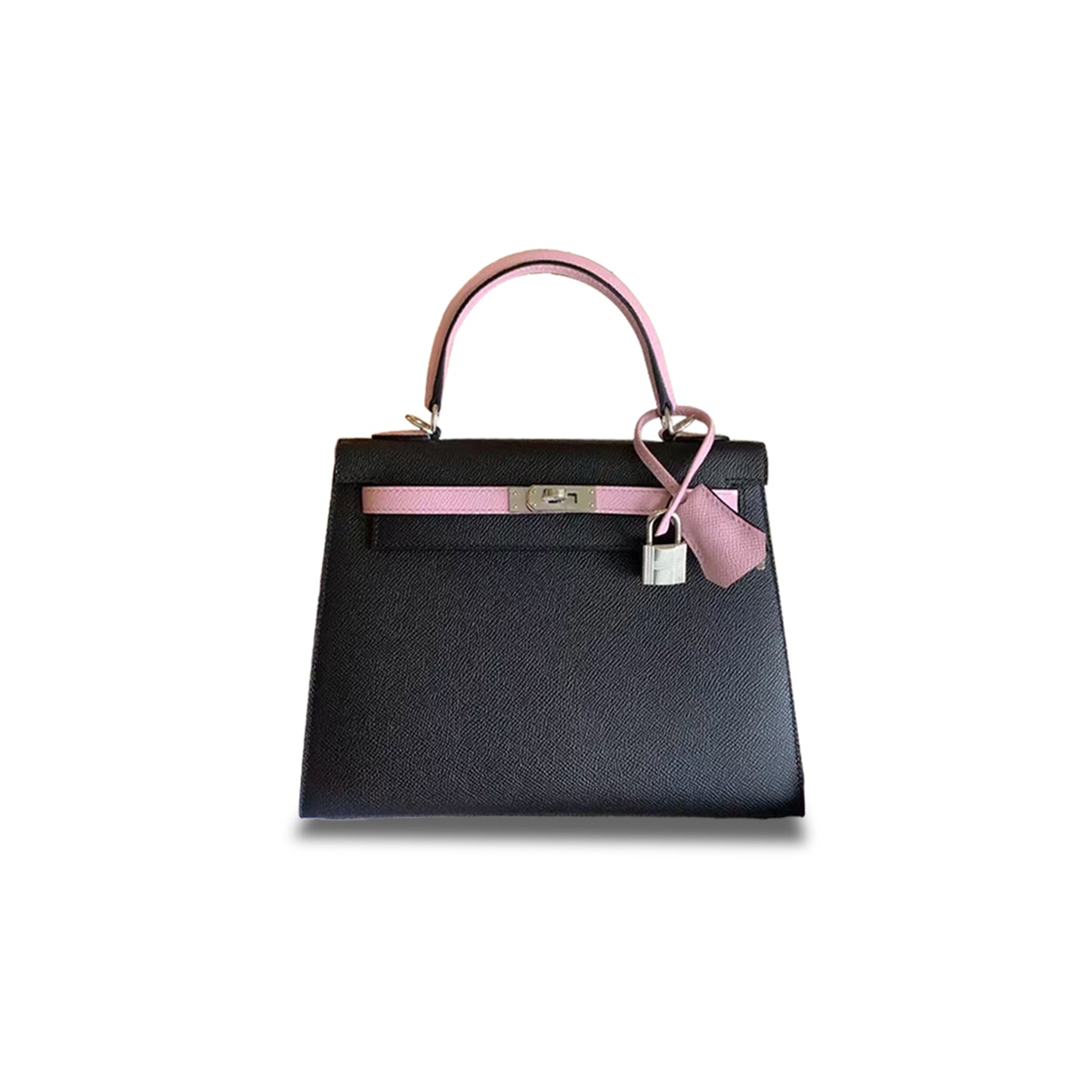 H**mes kelly 25 epsom black with mallow purple silver buckle (25*17*7cm)