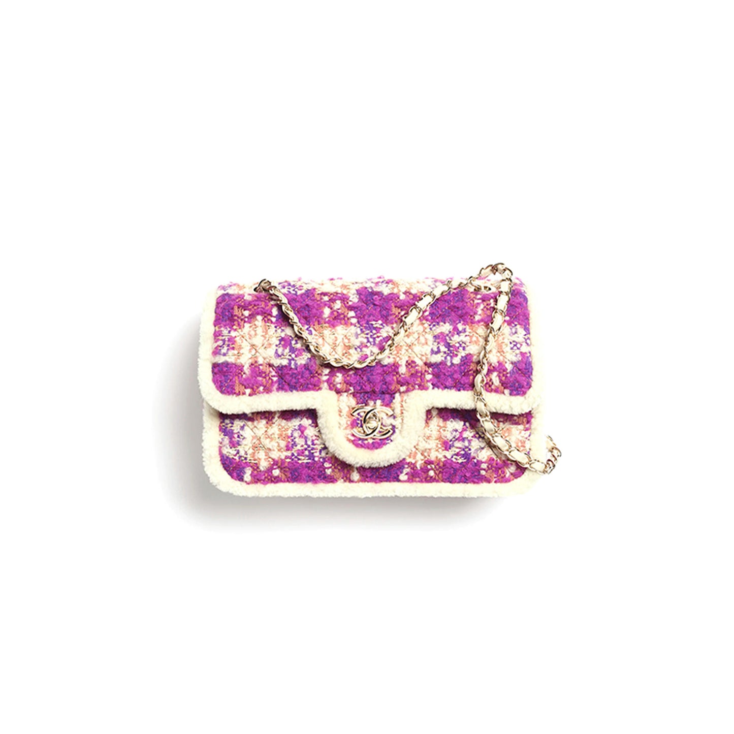 Ch**el large flap bag tweed, shearling lambskin & gold-tone metal fuschia, pink, beige & brown as5686 (26.5*16.5*9cm)