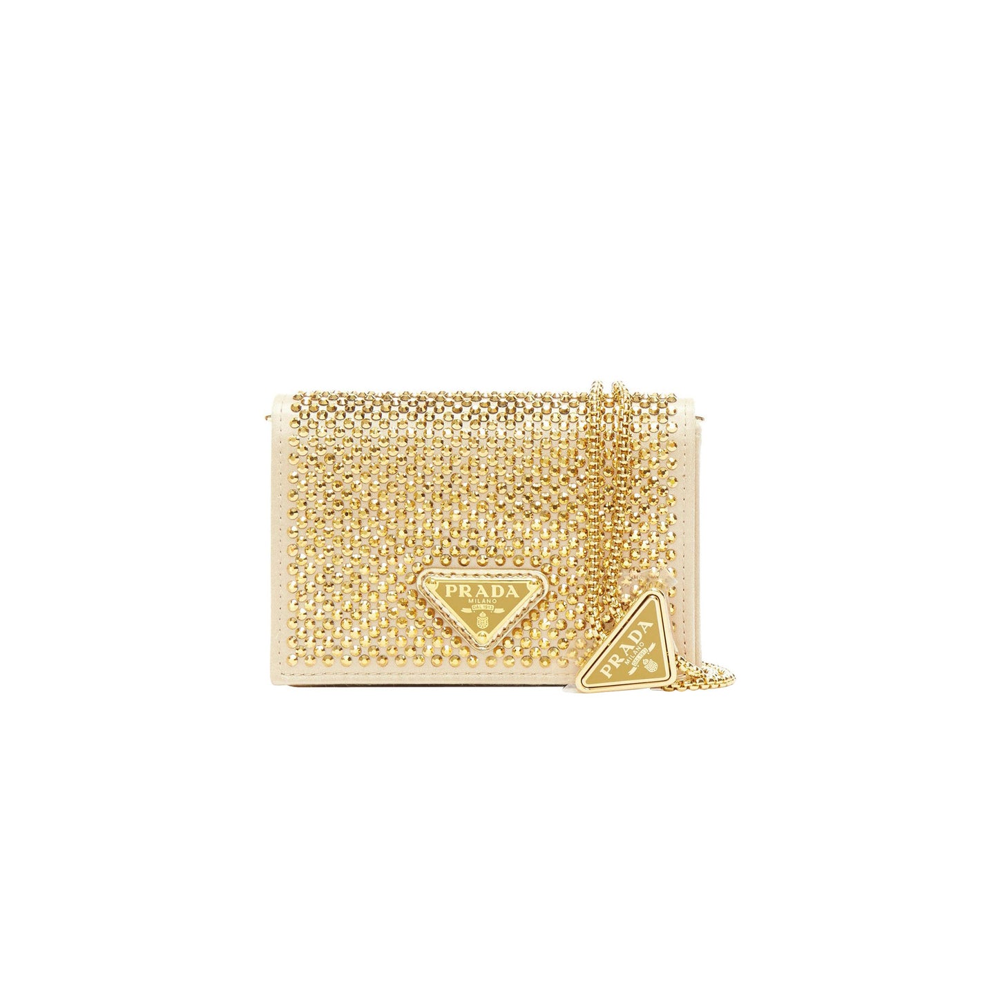 Pra*a satin crystal metal triangle logo card holder with strap cristal 1mr024 (11.5*8cm)