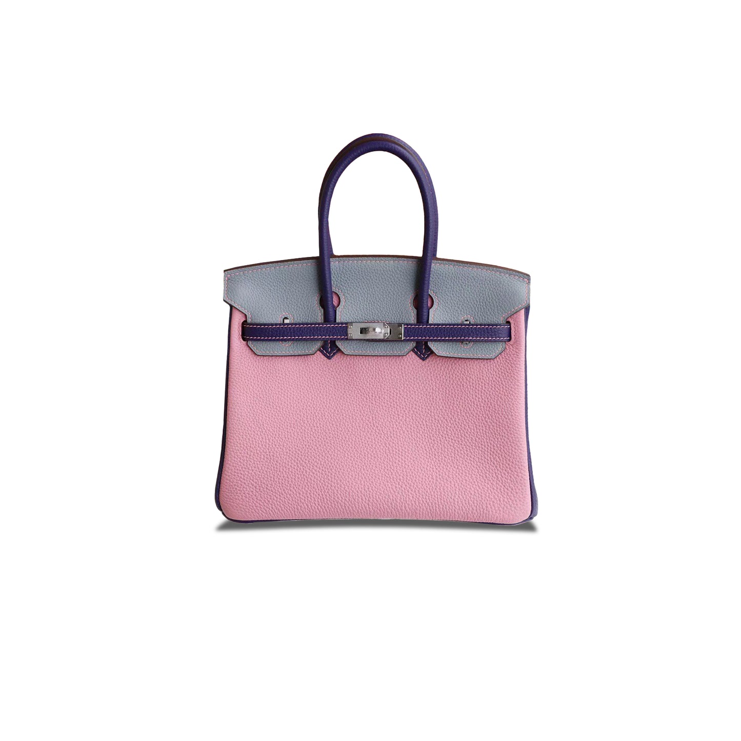 H**mes birkin 25 togo leather linen blue swallowtail purple milkshake pink silver buckle bag h028365cc08 (25*20*13cm)