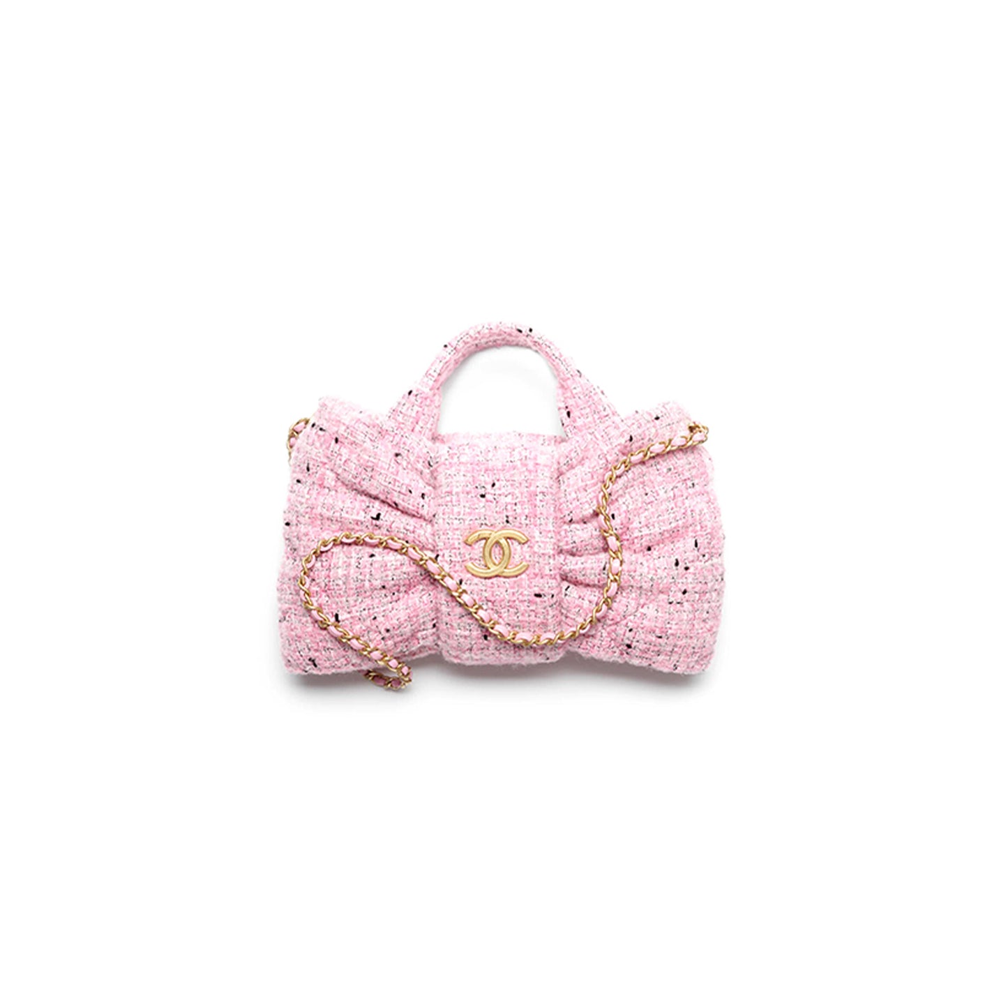 Ch**el mini bow bag tweed & gold metal pink, black & white as5849 (26*18*5cm)