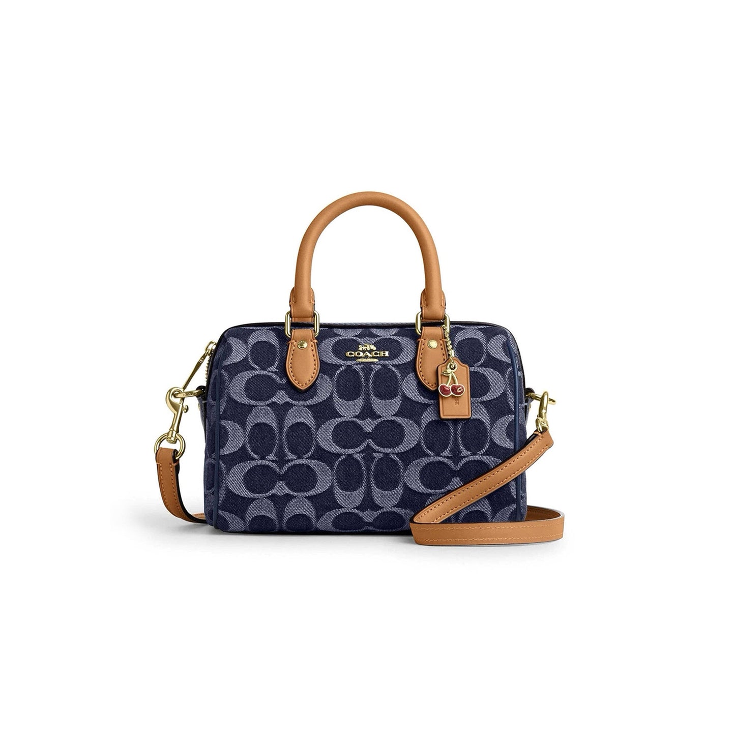 C0a*h mini rowan crossbody bag in signature denim with cherry charm cy742 (18*12*10cm)