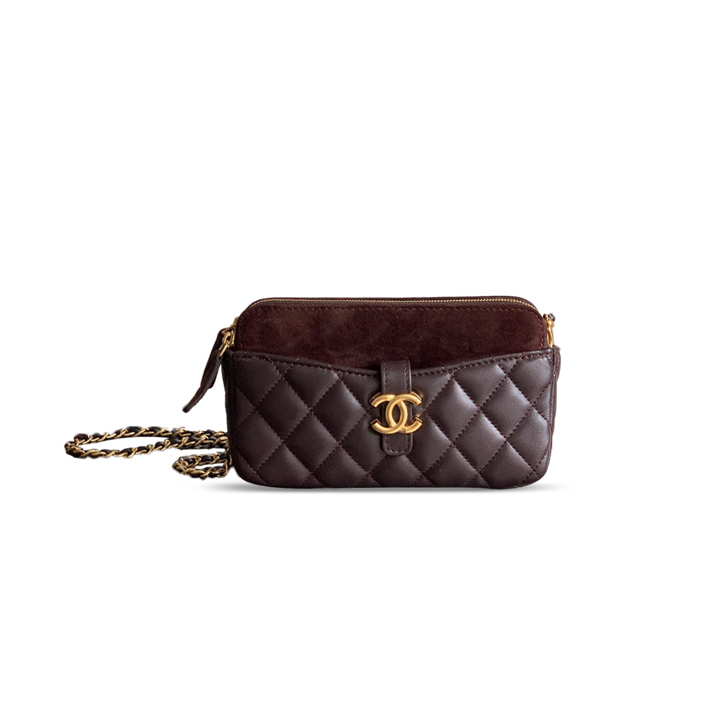 Ch**el master zipped phone holder with chain suede calfskin, shiny lambskin ap4743 b20681 (17.5*10*3cm)
